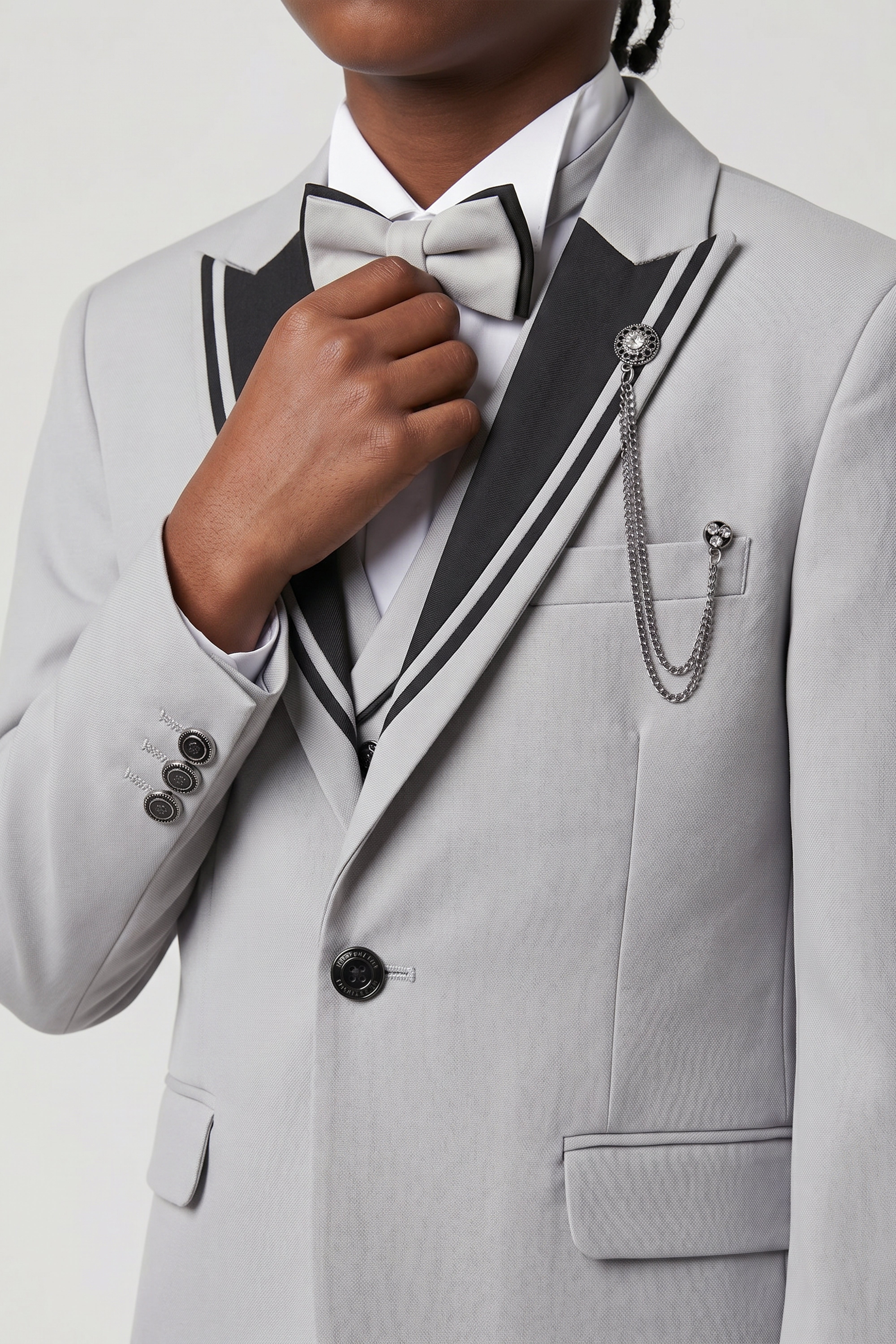 Boys 6-Piece Tuxedo Dinner Suit with Double Breasted Waistcoat - DAMATLIK W - Grey
