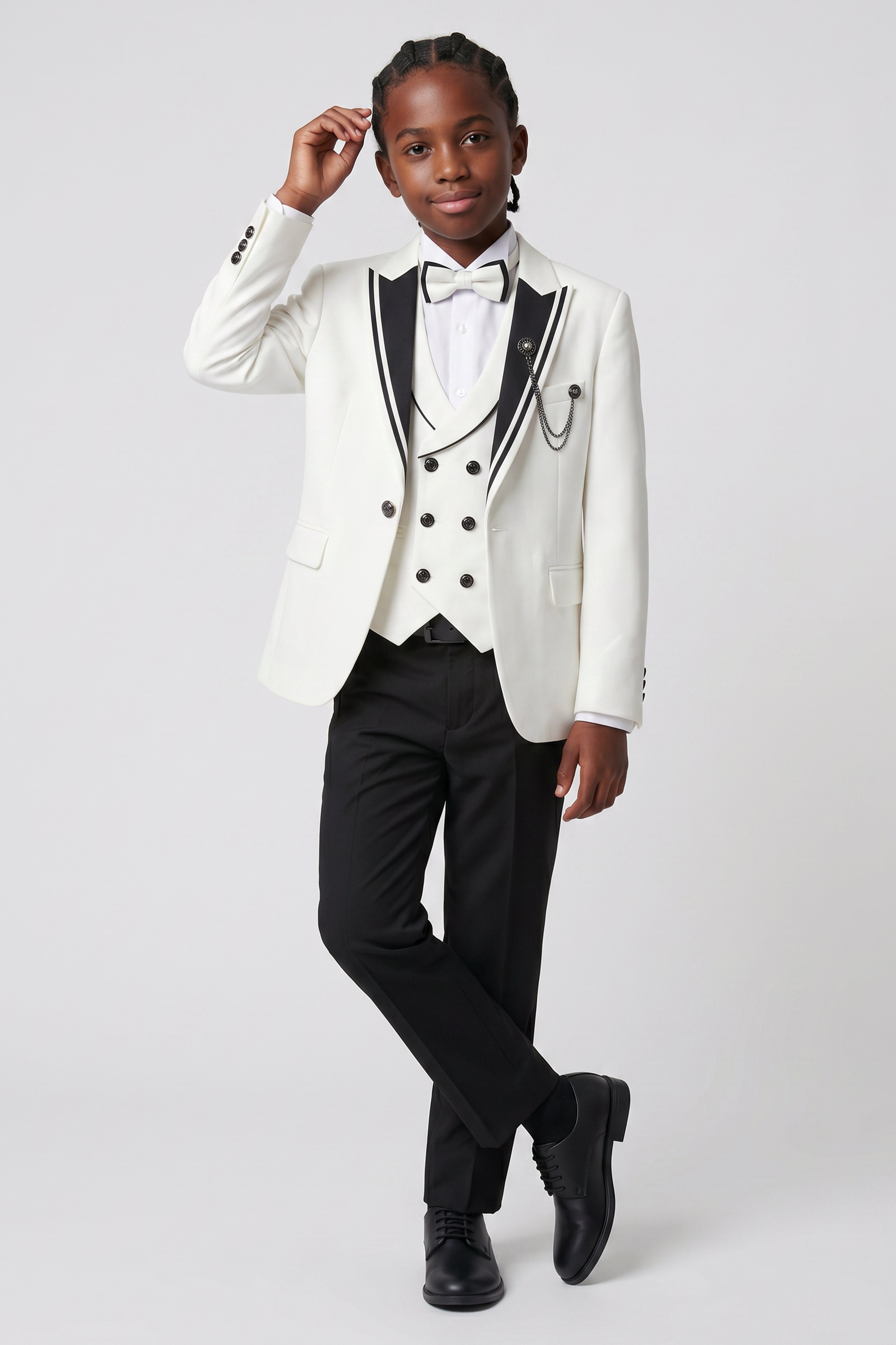 Boys 6-Piece Tuxedo Dinner Suit with Double Breasted Waistcoat - DAMATLIK W - Ivory