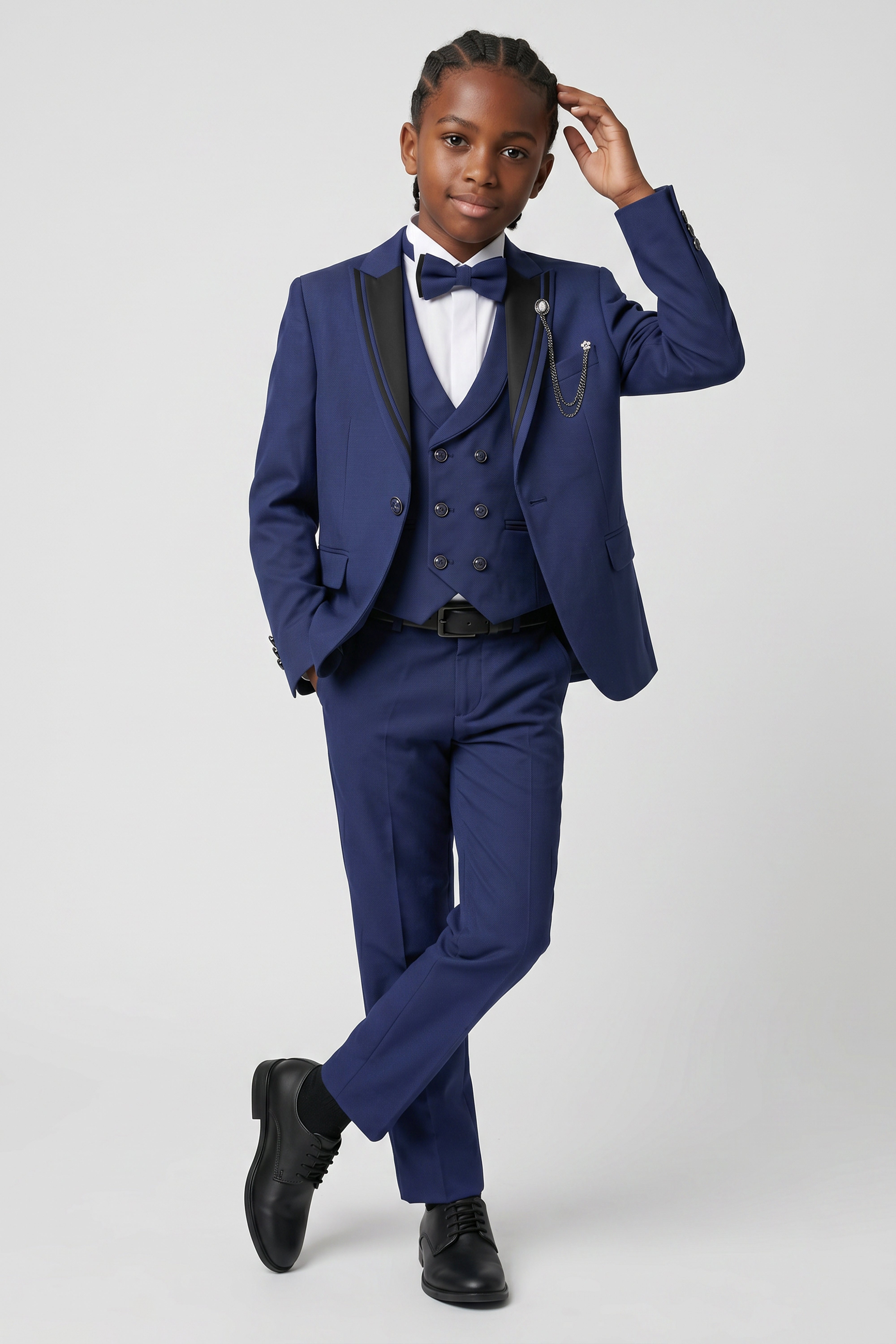 Boys 6-Piece Tuxedo Dinner Suit with Double Breasted Waistcoat - DAMATLIK W - Navy