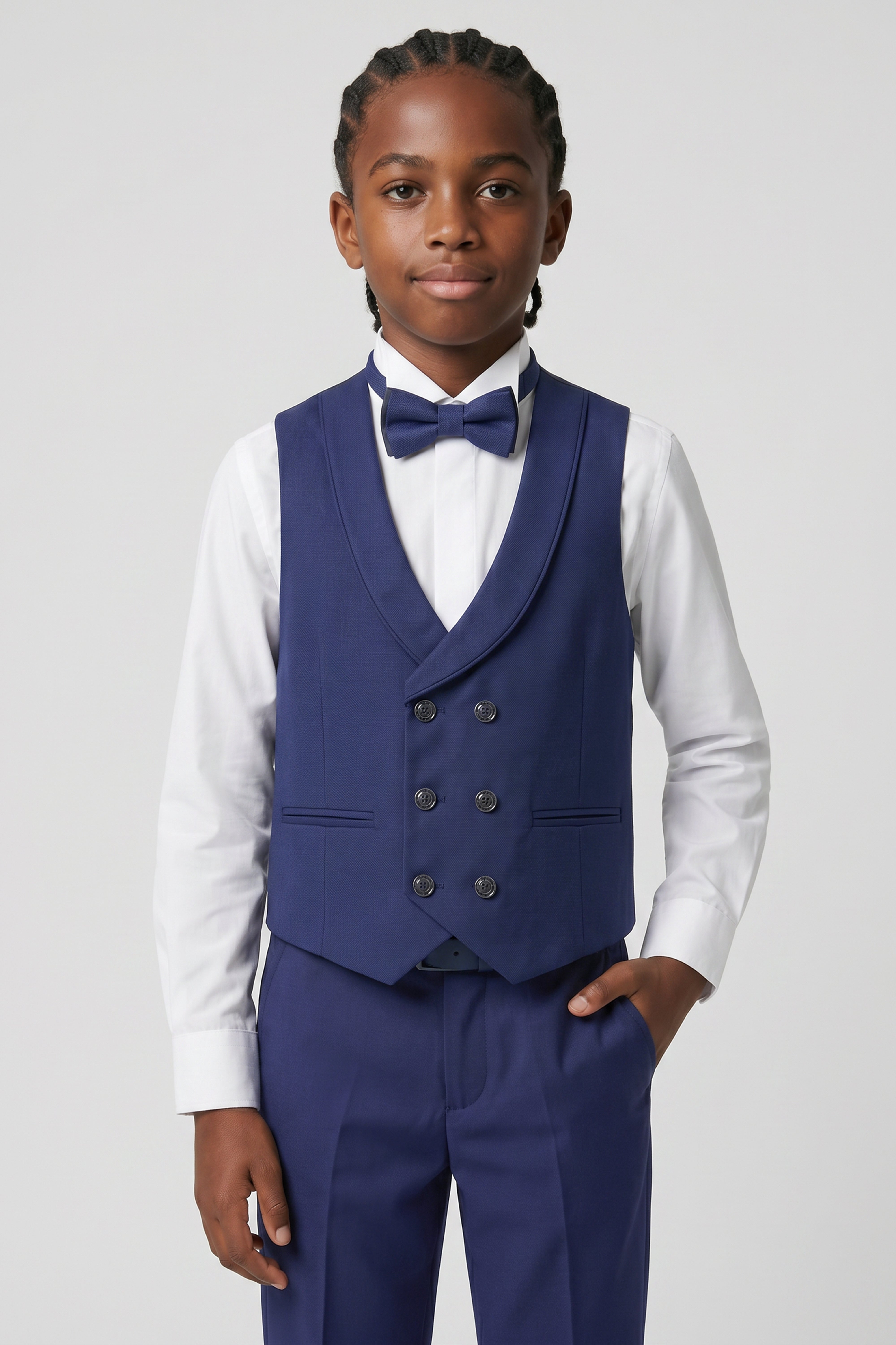 Boys 6-Piece Tuxedo Dinner Suit with Double Breasted Waistcoat - DAMATLIK W - Navy
