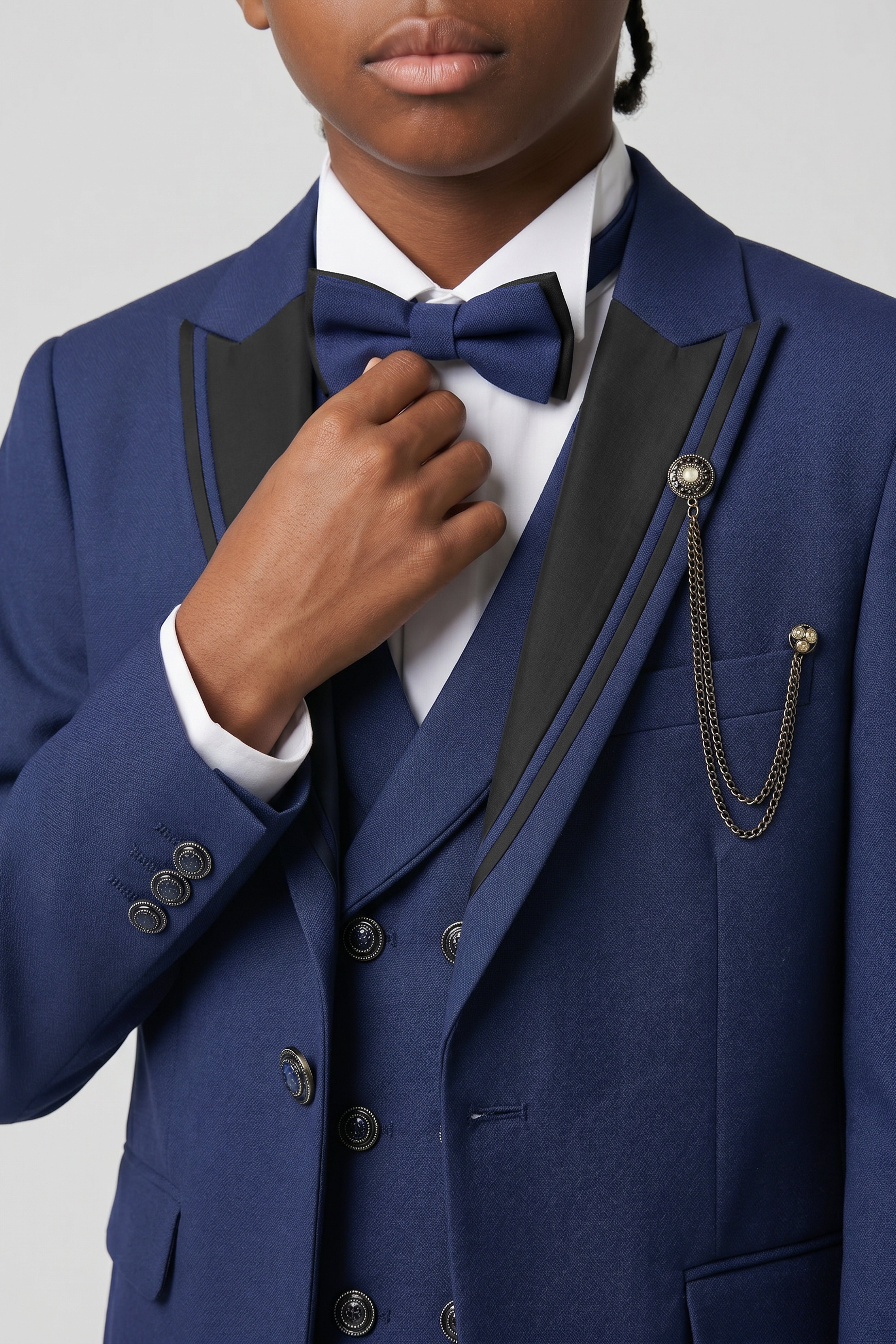 Boys 6-Piece Tuxedo Dinner Suit with Double Breasted Waistcoat - DAMATLIK W - Navy