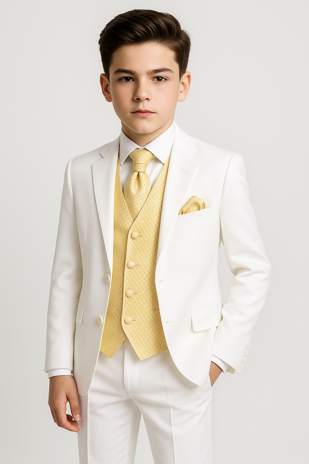 Jungen Anzug-Set zur Kommunion, 6-teilig, Tailored Fit – Weiß – Gold