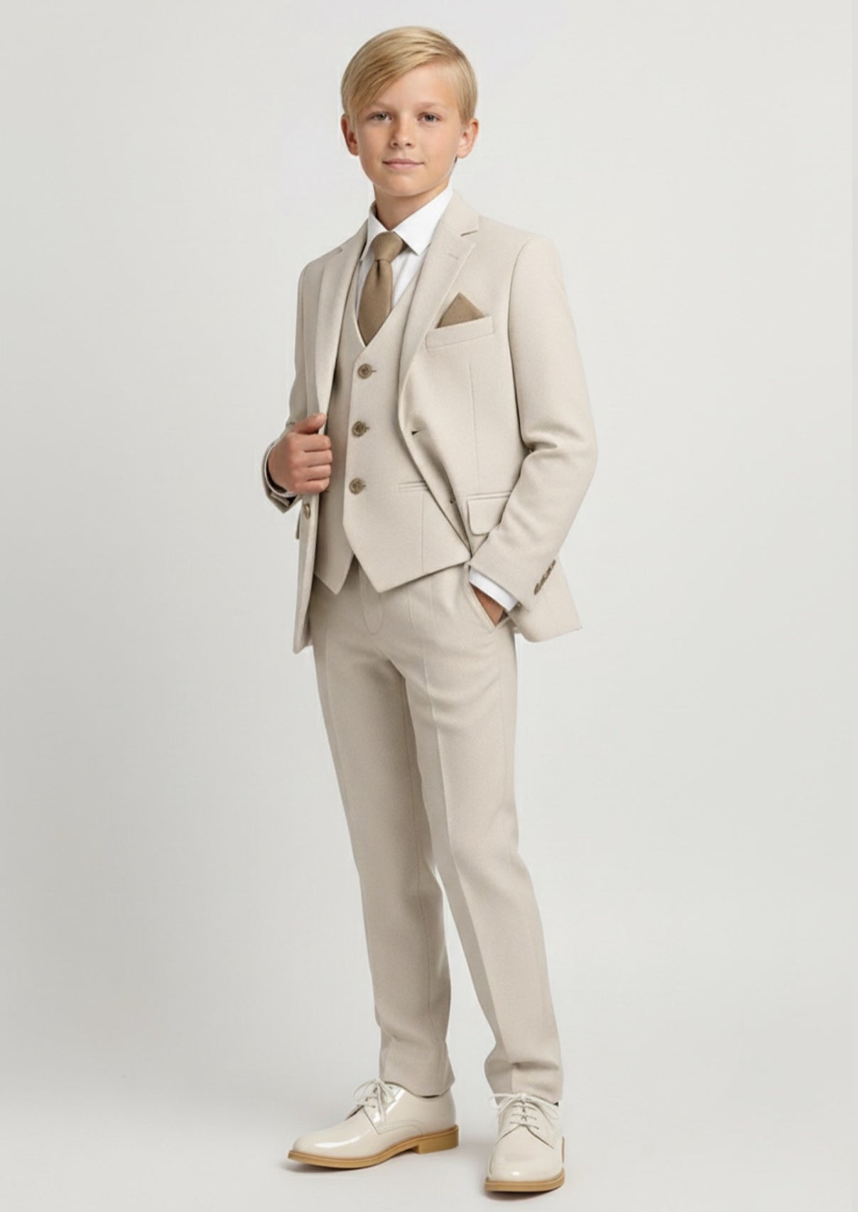 Boys Slim Fit Textured 8-Piece Formal Suit Set - Beige