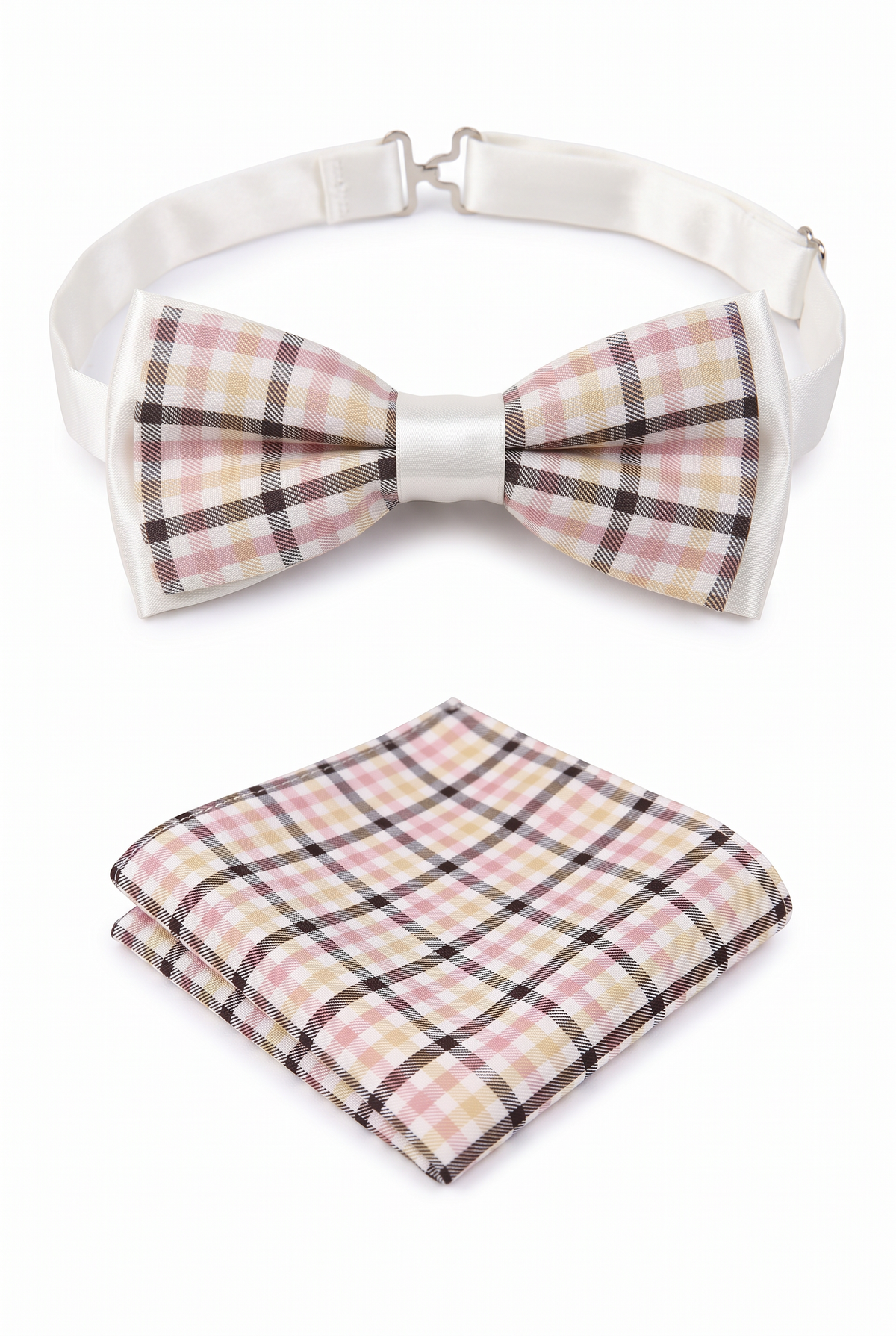 Boys Adjustable Pre-Tied Checkered Bow Tie & Pocket Square Set - Pink and Black