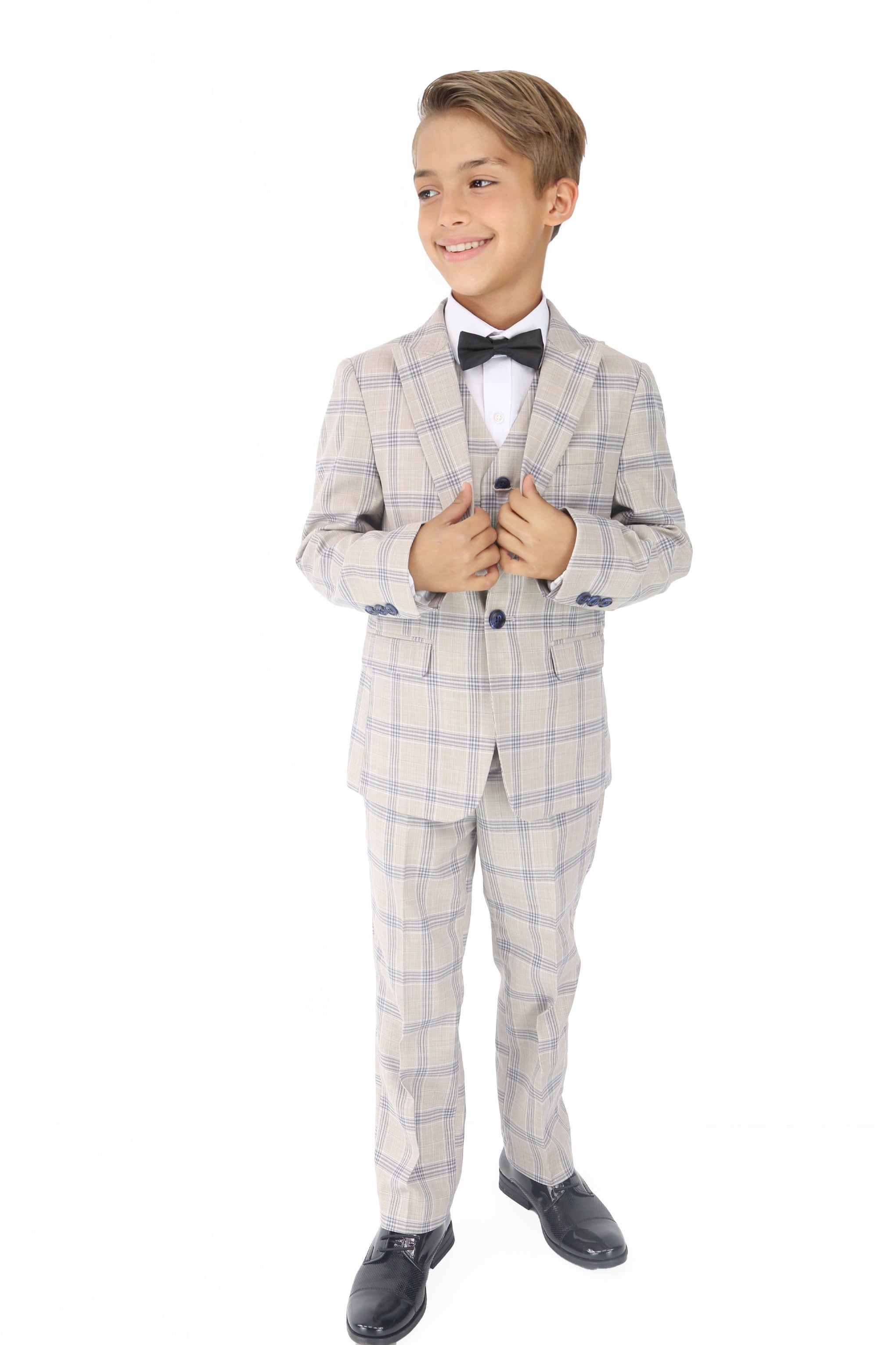 Boys Beige & Blue Plaid Check Suit - Beige - Blue Front Picture