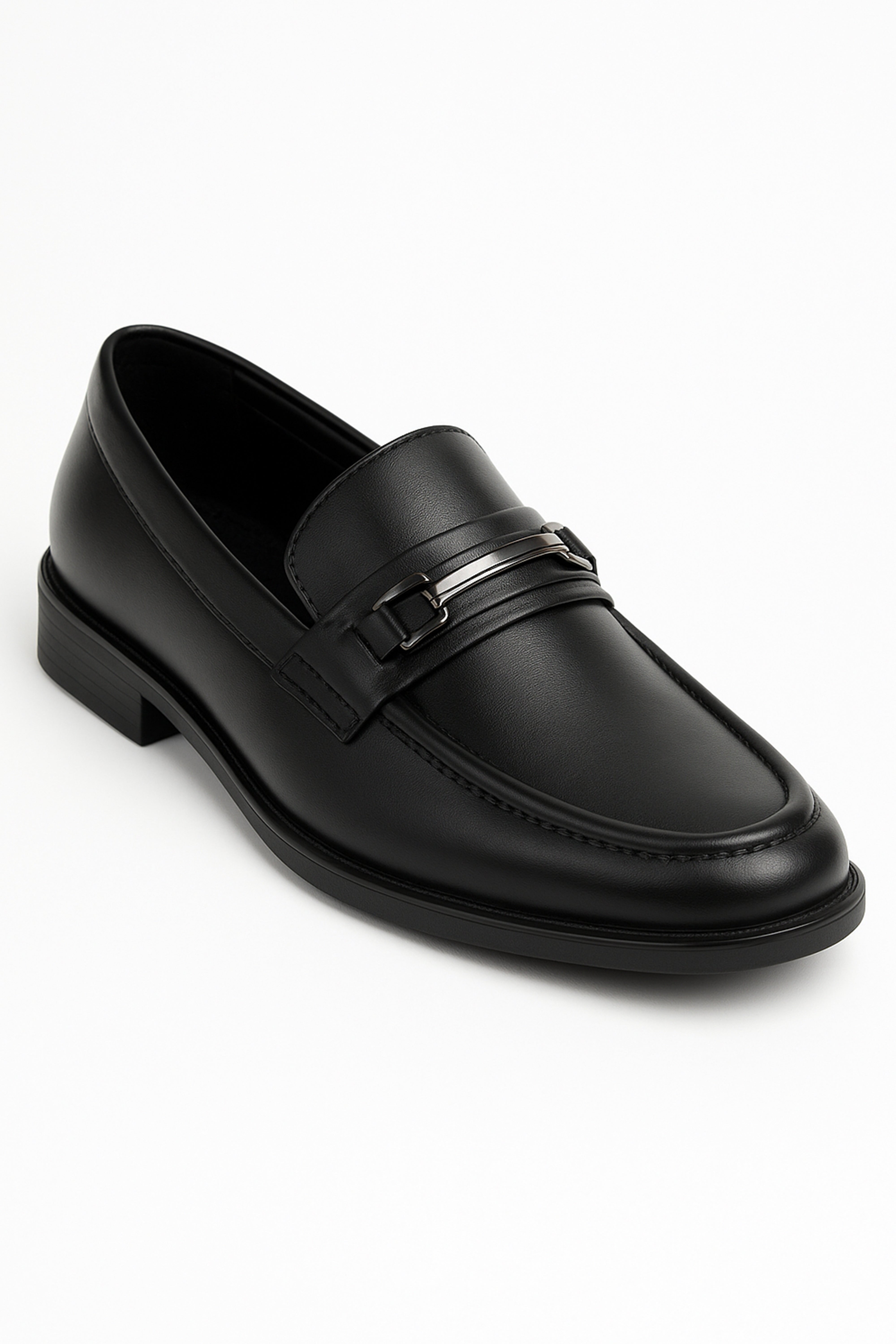 Boys’ Black Slip-On Loafer Shoes with Metal Bar - Colin - Black Side Picture