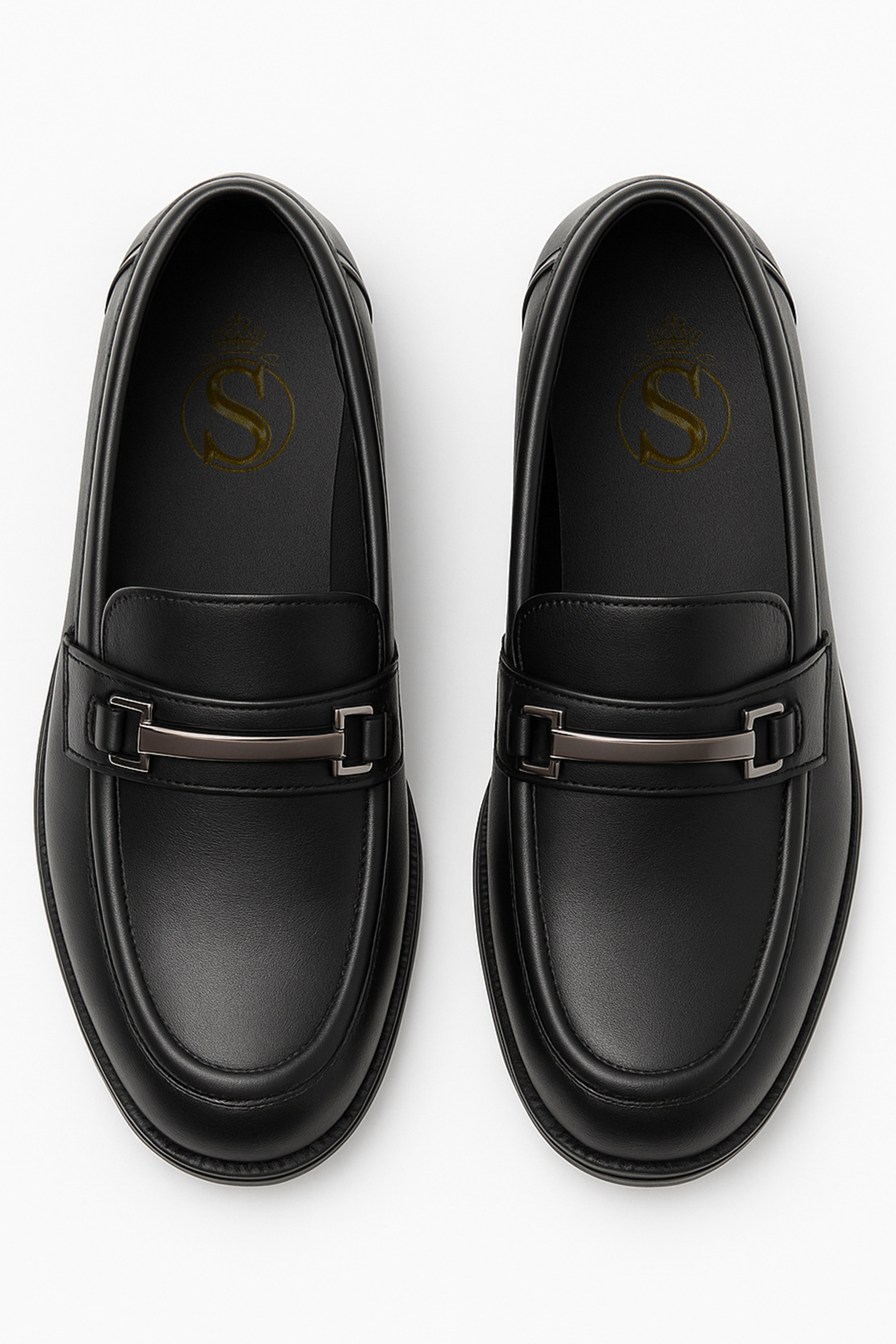 Boys’ Black Slip-On Loafer Shoes with Metal Bar - Colin - Black Front Picture