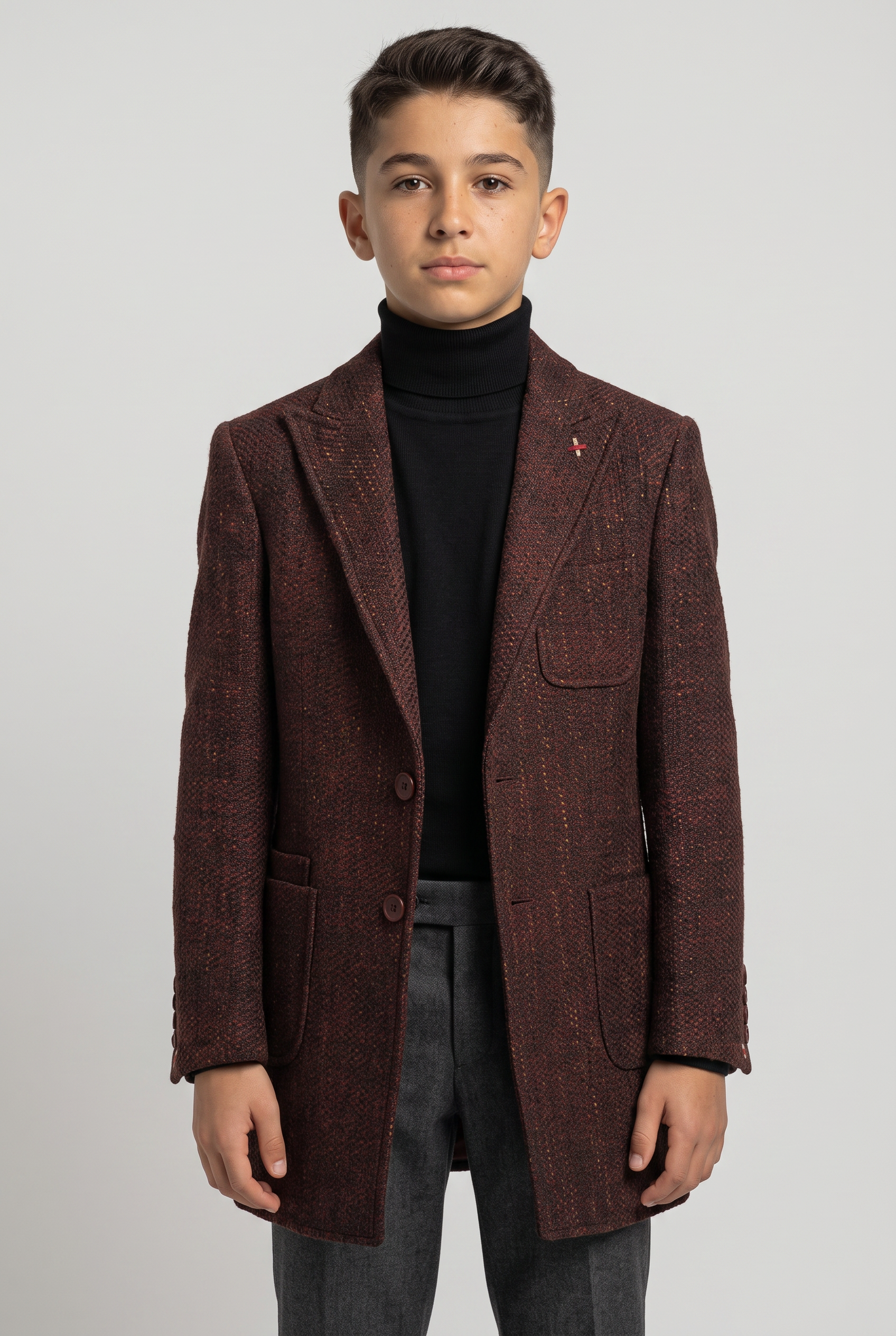 Jungen Burgunder Brauner Strukturierter Tweed-Blazer