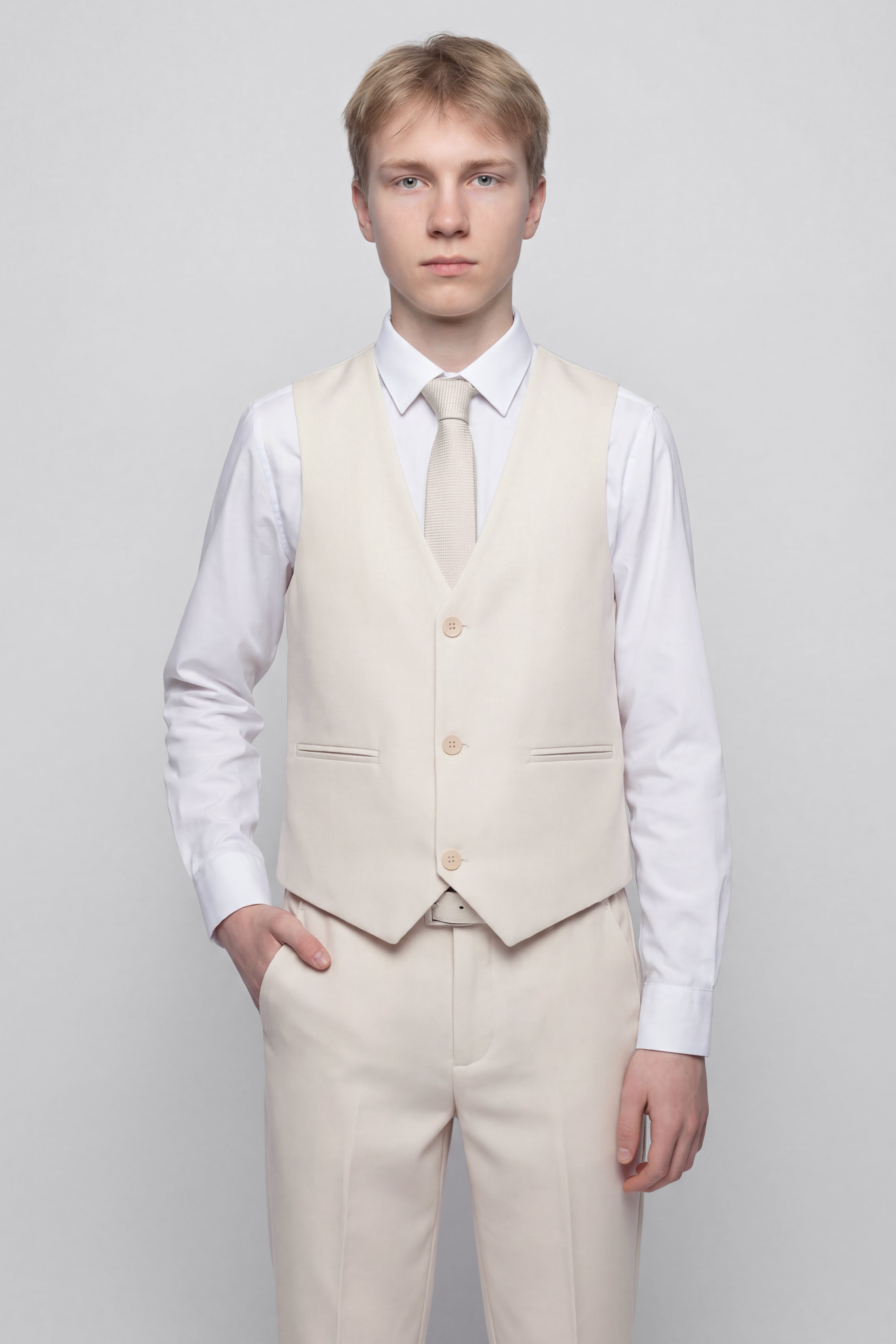 Boys Communion Slim Fit Textured 8-Piece Formal Suit Set - Ivory Front Picture