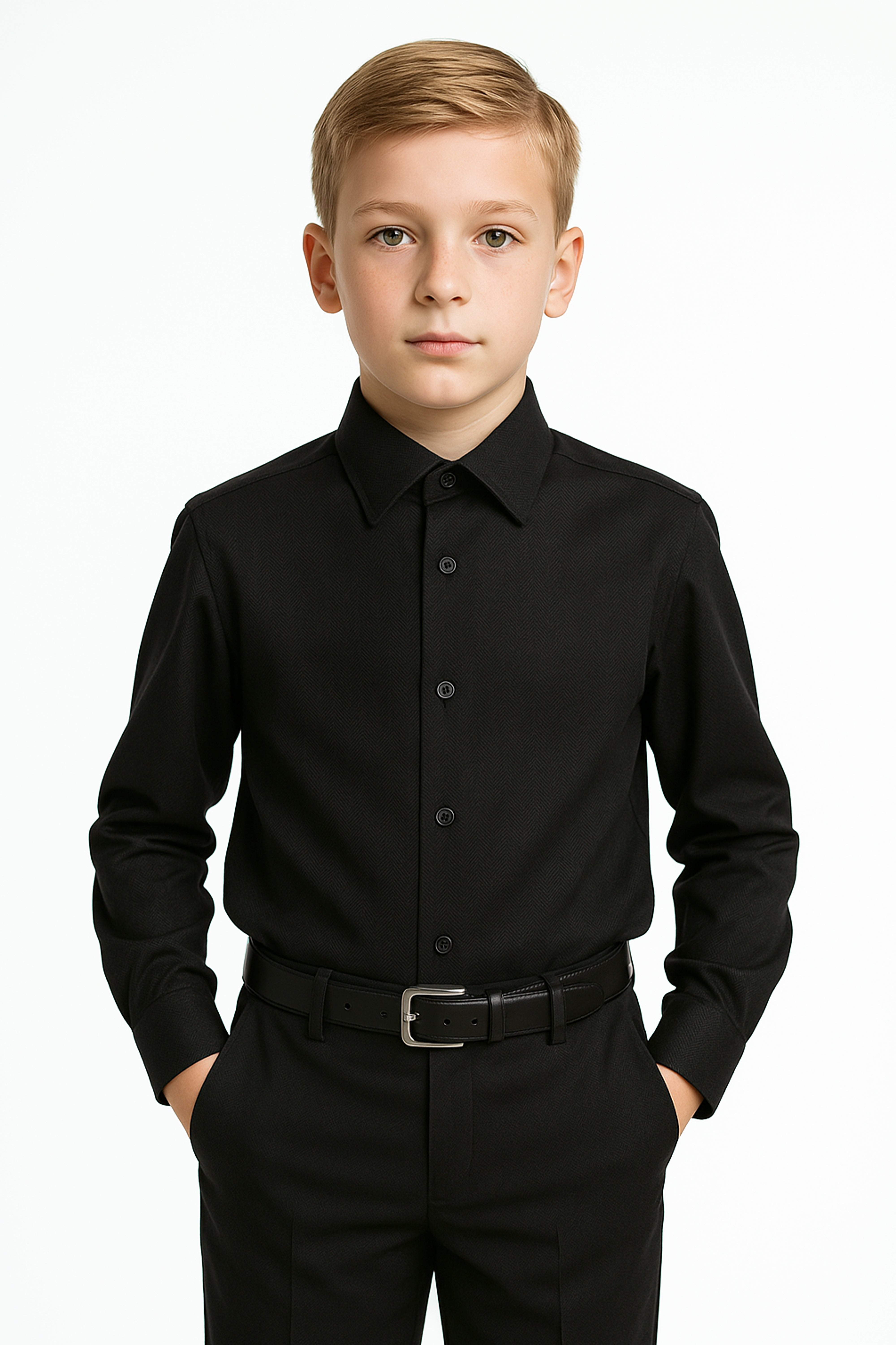 Chemise habillée classique à herringbone noir pour garçons - HARPUT - Noir