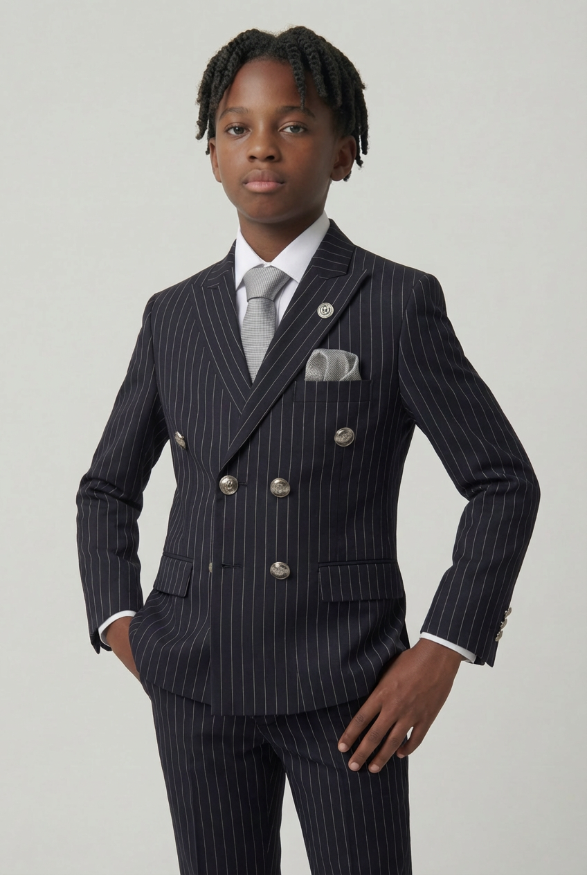 Costume garçon à rayures fines croisé - Ensemble 3 pièces & 6 pièces - Noir