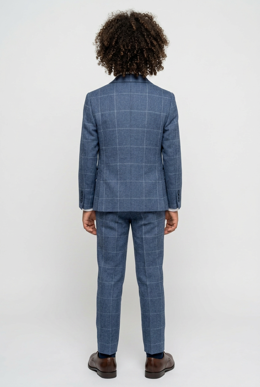 Jungen Exklusiver Karo Tweed Blauer Anzug - Blau