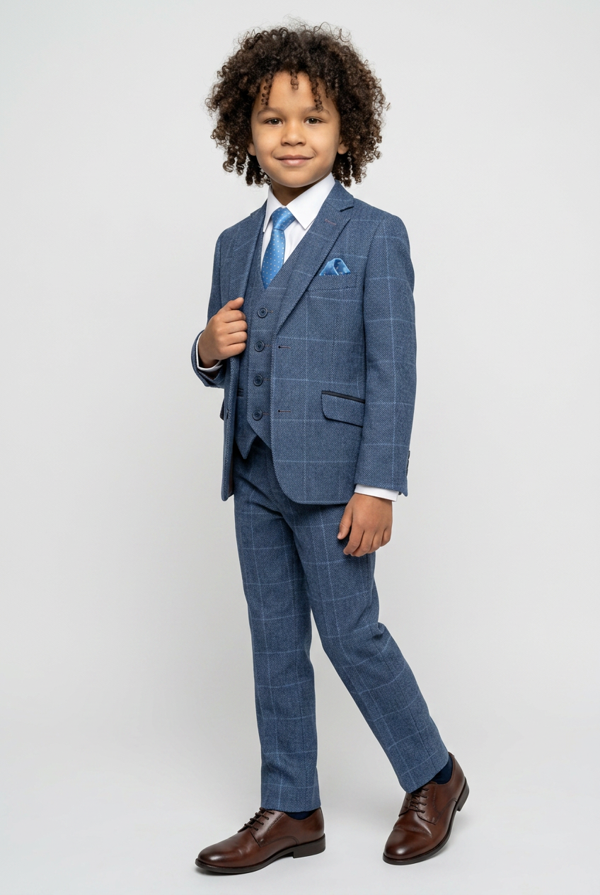 Boys Exclusive Check Tweed Blue Suit - Blue