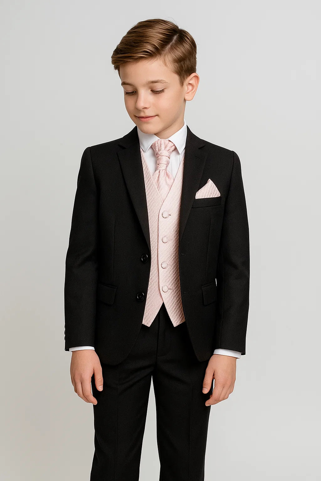 بدلة رسمية للأولاد مع صديرية منقوشة وطقم كرافات - أنطونيو - أسود - وردي