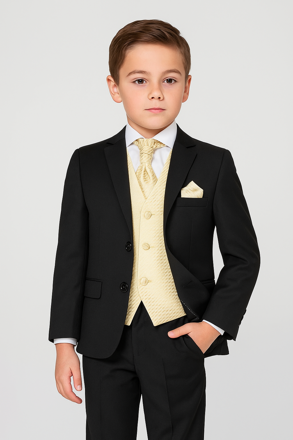Boys Formal Suit with Patterned Waistcoat and Cravat Set - Black and Gold Model Picture