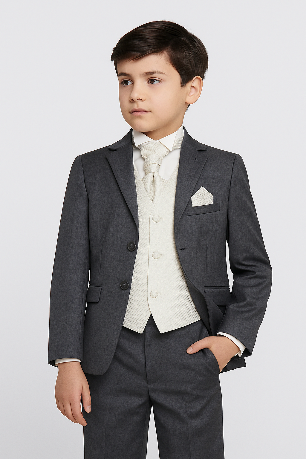 Jungen Formalanzug mit Gemusterter Weste und Krawatte-Set - Grau und Elfenbein