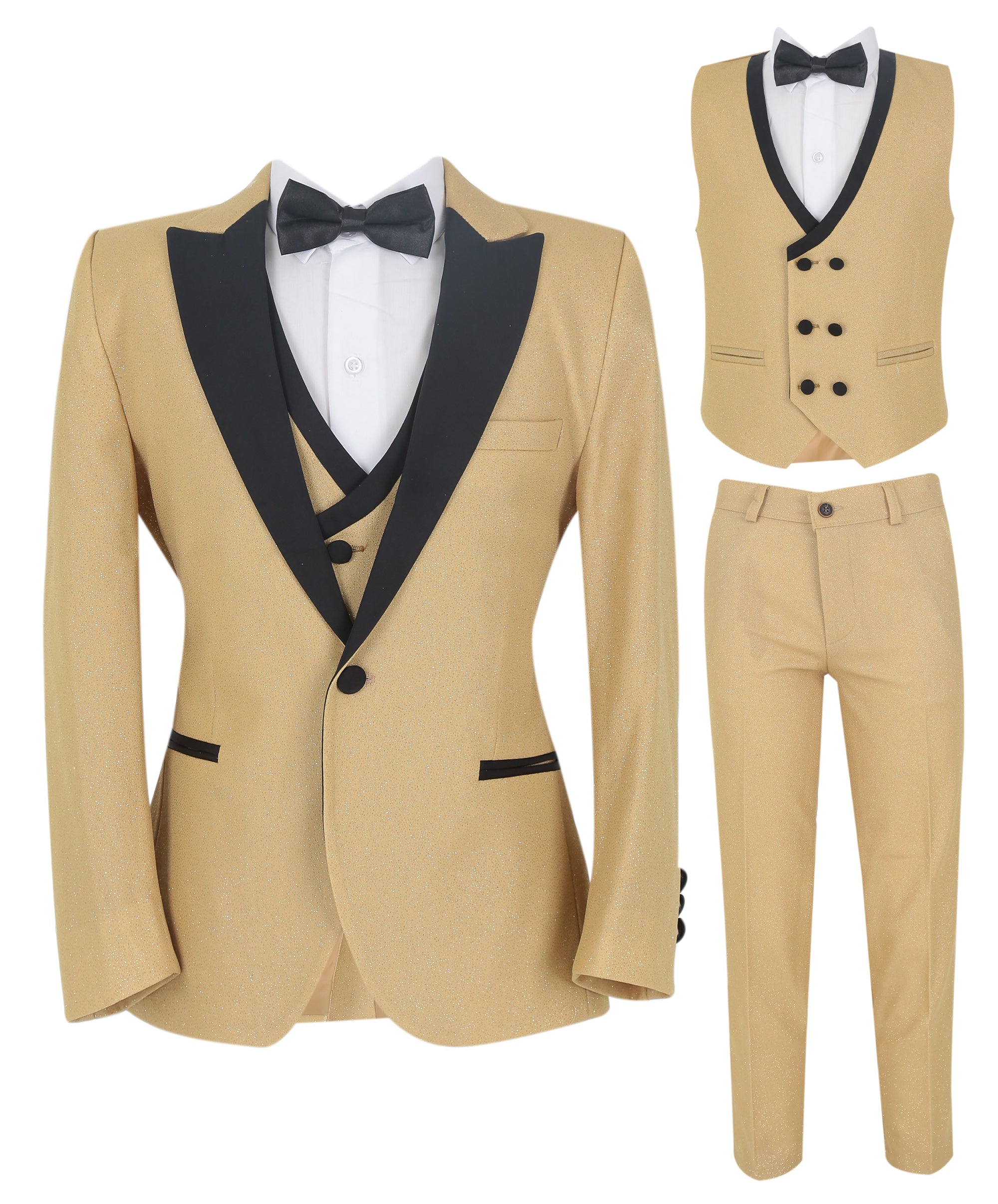 Boys Glittery Slim Fit Tuxedo Dinner Suit - Gold 3Piece Set Picture