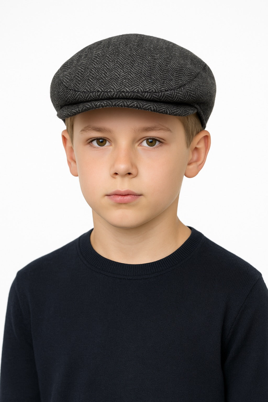 Boys’ Herringbone Tweed Baker Boy Flat Cap - Alfine - Grey Model Picture