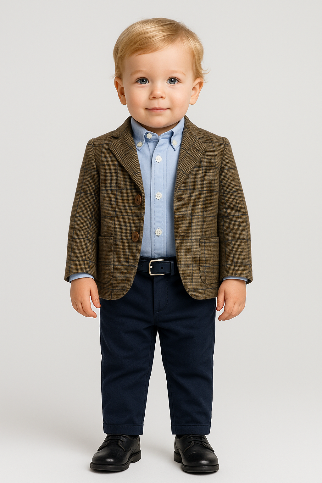 Boys Herringbone Windowpane Wool Suit - Brown - Navy Blue