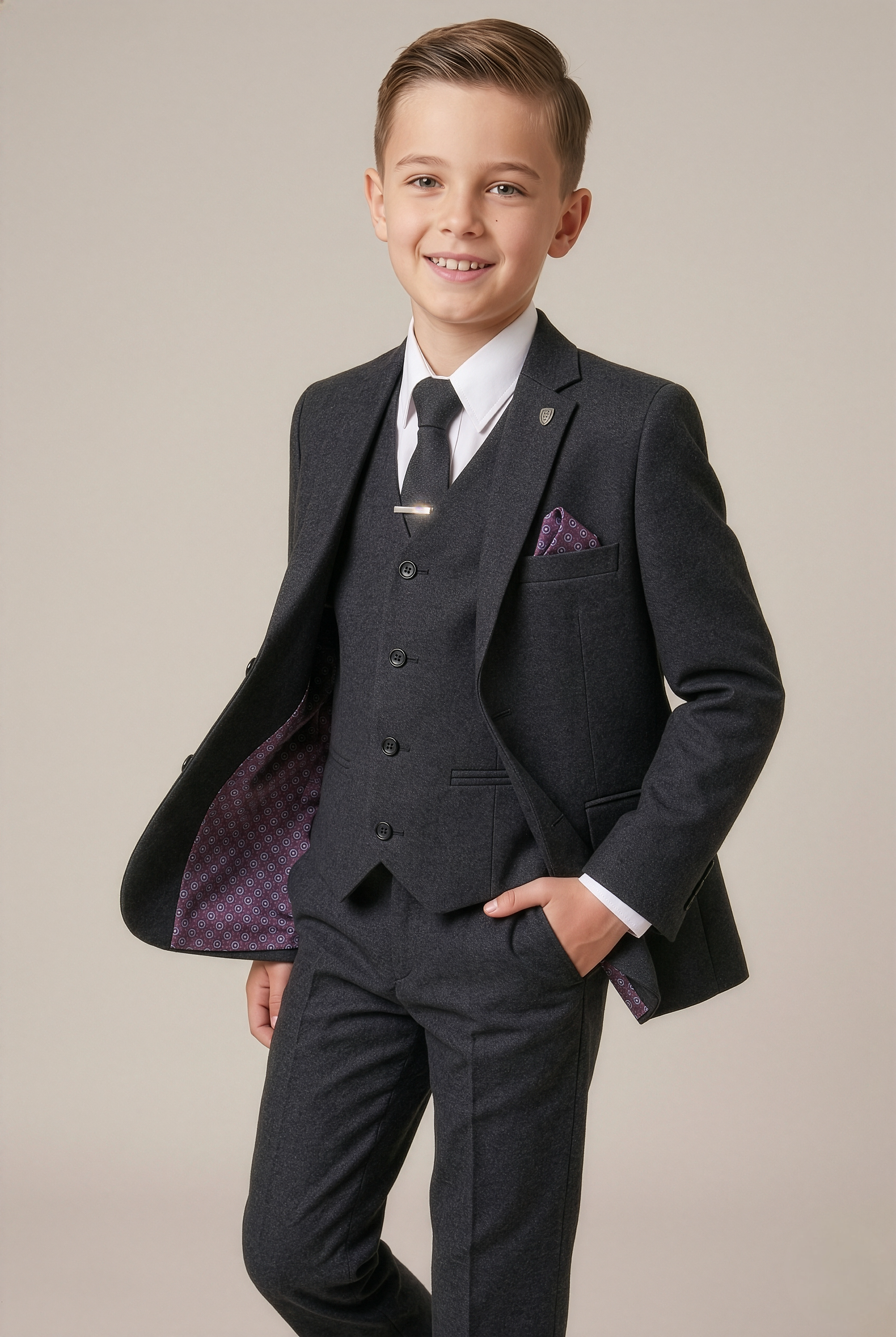 Abito grigio scuro su misura in tweed per ragazzi robusti - ADAM - Grigio scuro