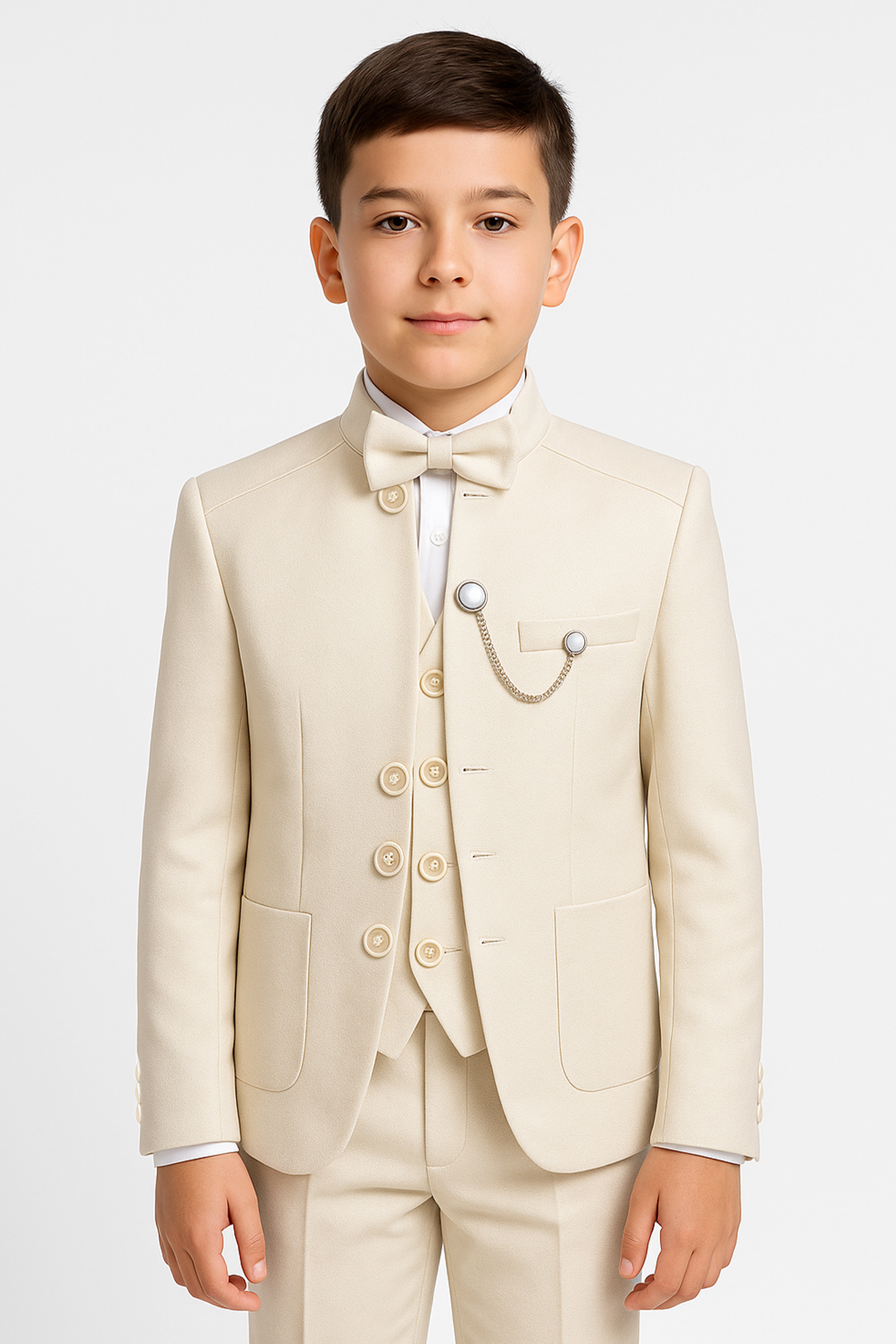 Boys’ Ivory 6-Piece Ottoman Formal Suit with Mandarin Collar Front Picture