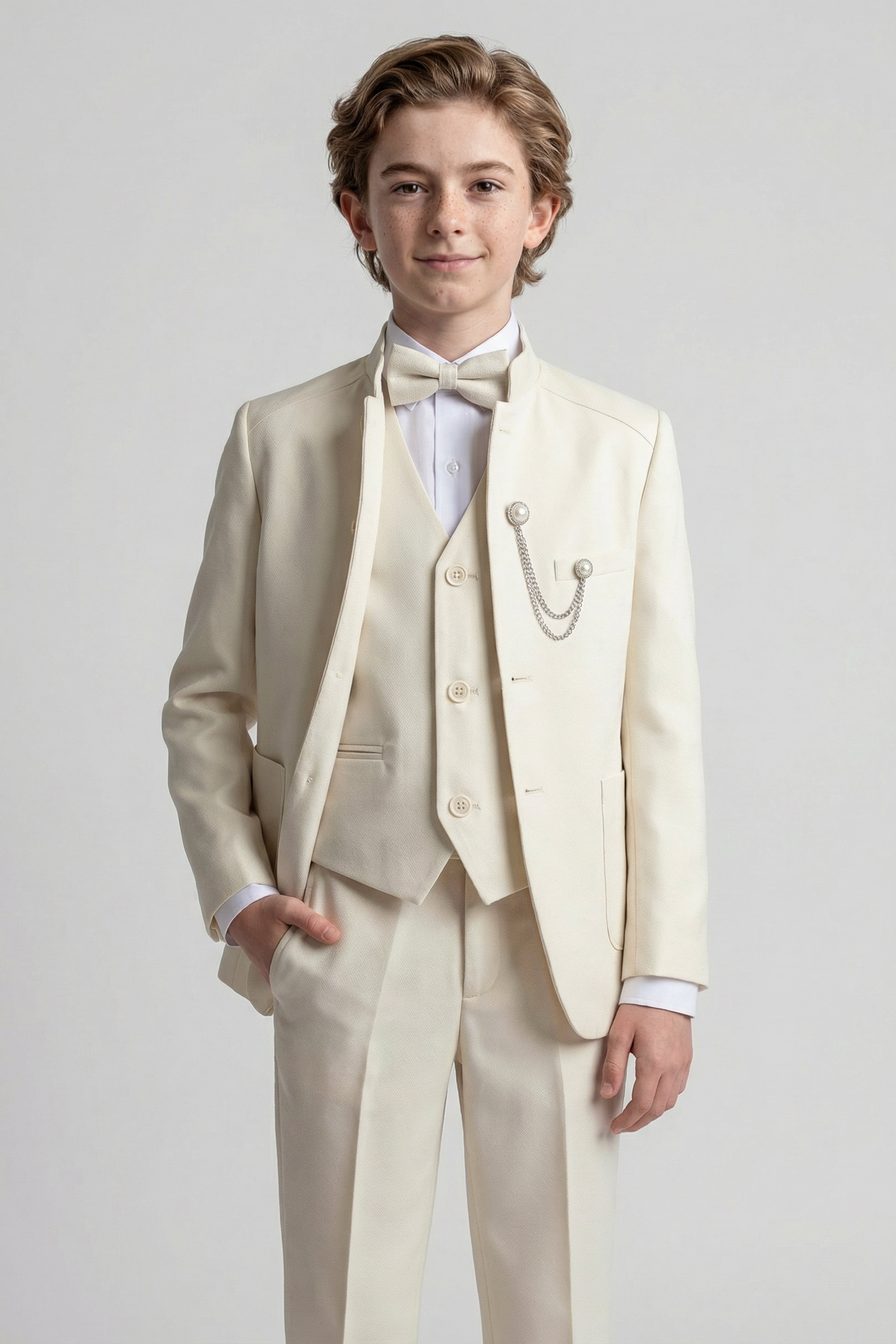 Boys’ Ivory 6-Piece Ottoman Formal Suit with Mandarin Collar Model Picture