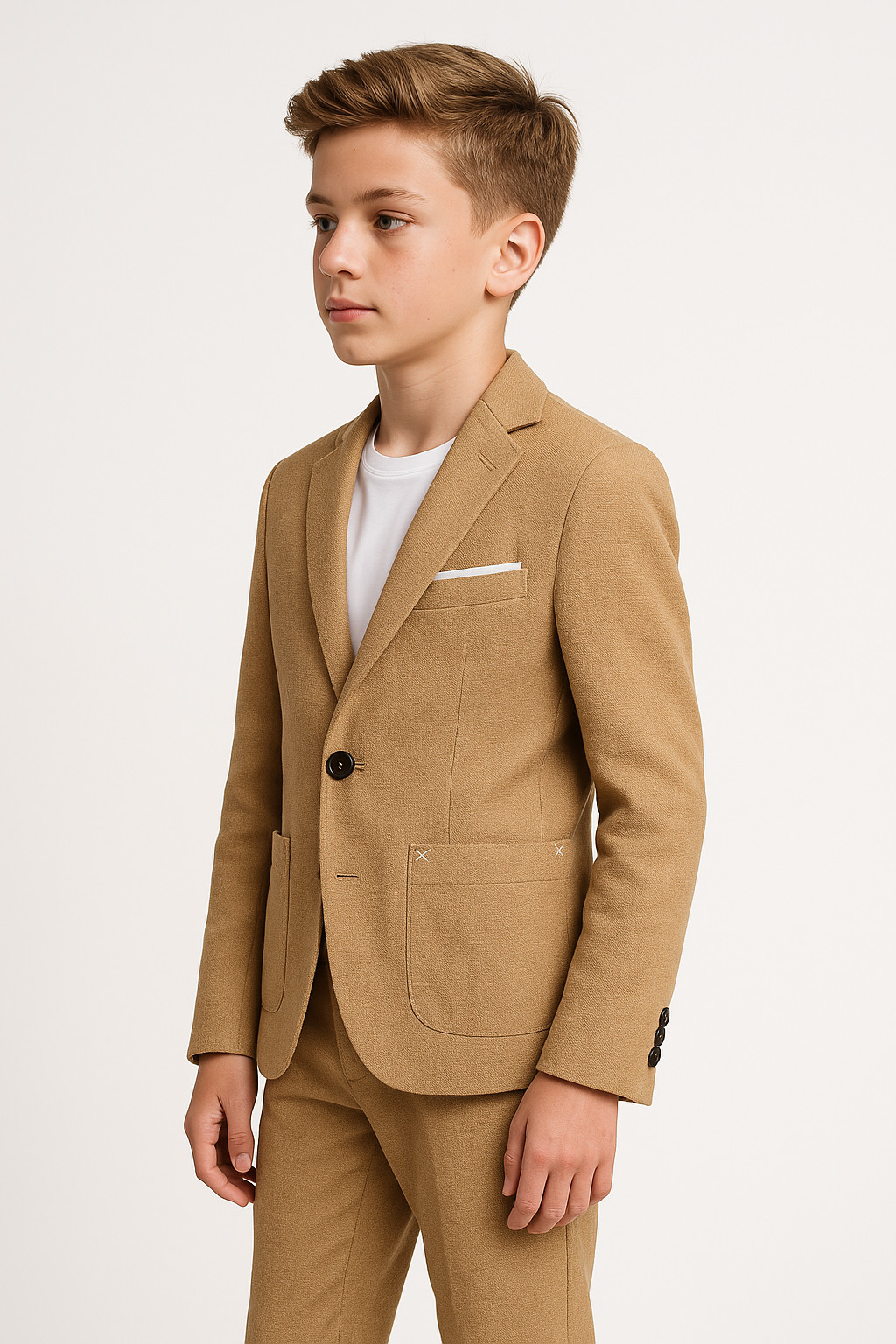 Boys’ Linen 2-Piece Slim Fit Casual Suit - Jogger - Camel Side Picture