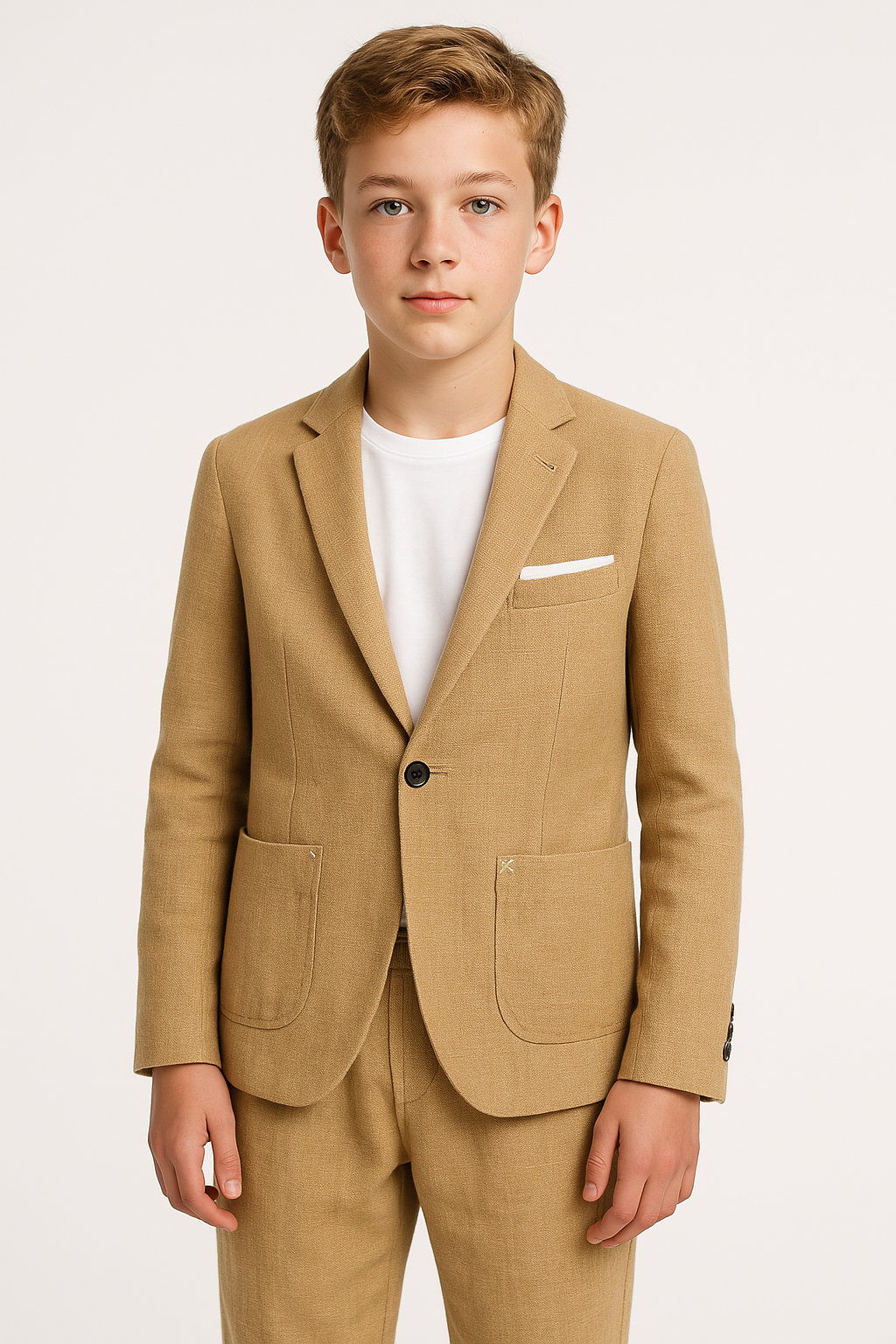Boys’ Linen 2-Piece Slim Fit Casual Suit - Jogger - Camel Front Picture