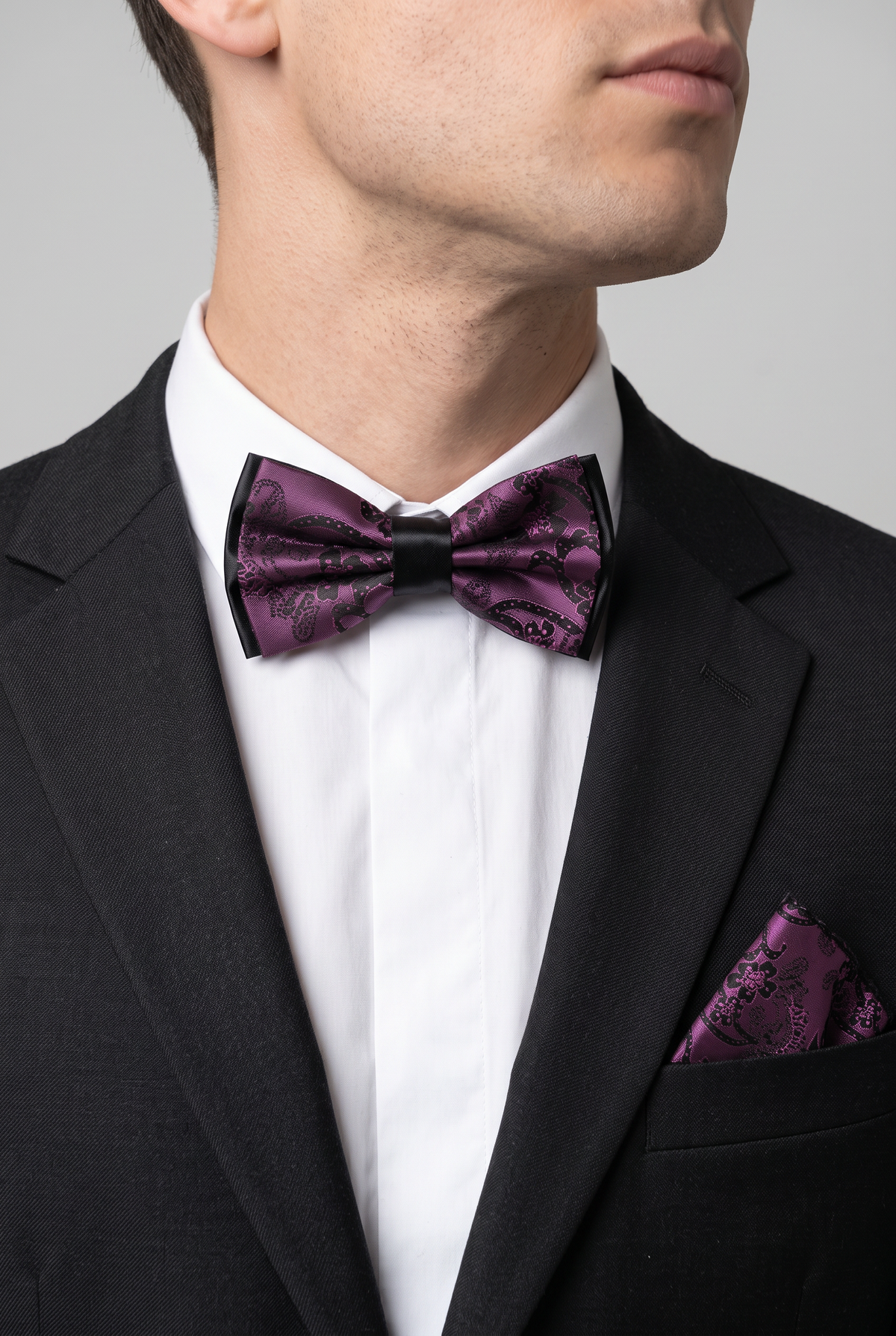 Erkek Çocuk ve Erkekler için Çiçekli Paisley Papyon ve Cep Mendili Seti – Lavanta