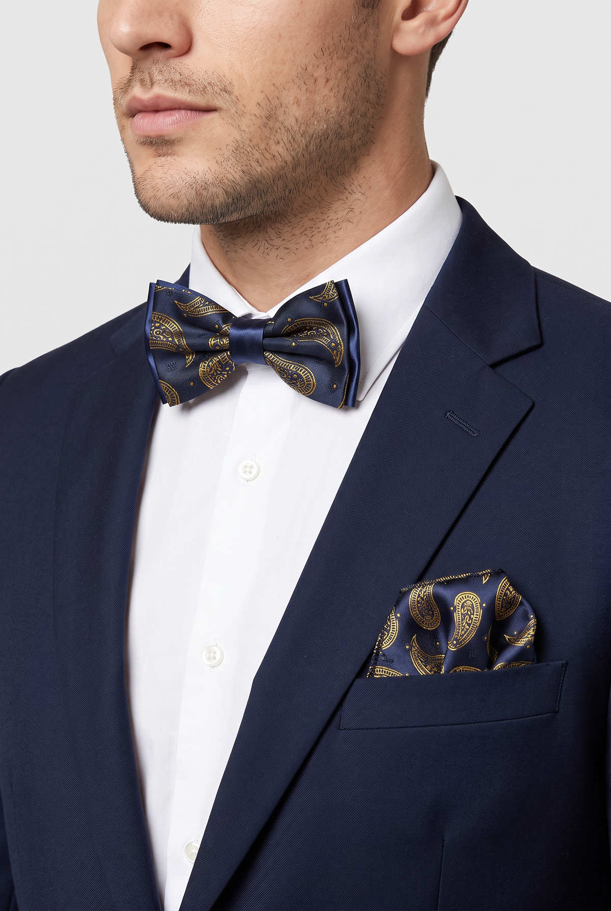 Pajarita para niños y hombres, o conjunto de pajarita y pañuelo de bolsillo - Azul marino y dorado