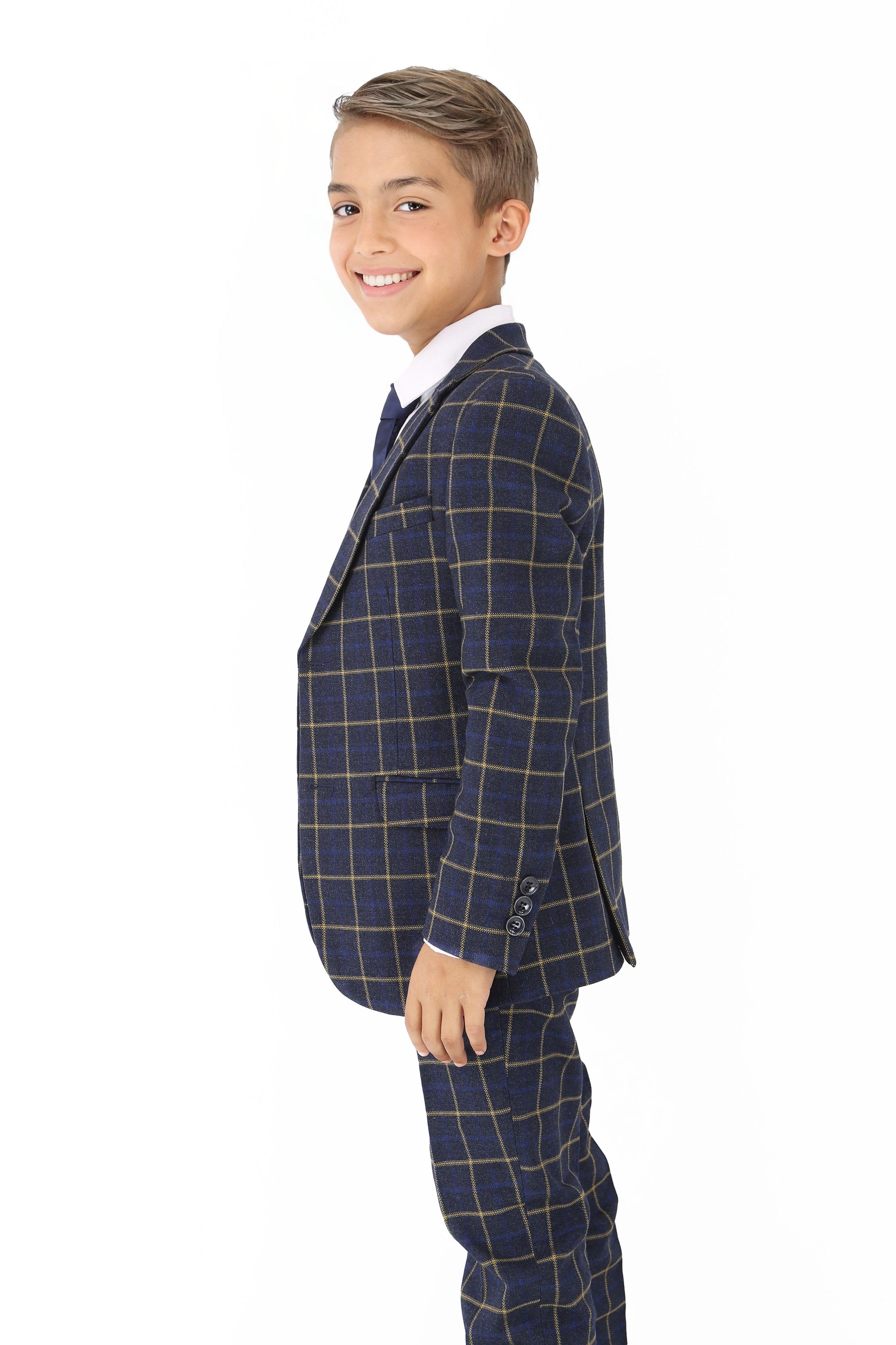 Jungen Navyblauer Retro Karo Anzug - Navyblau