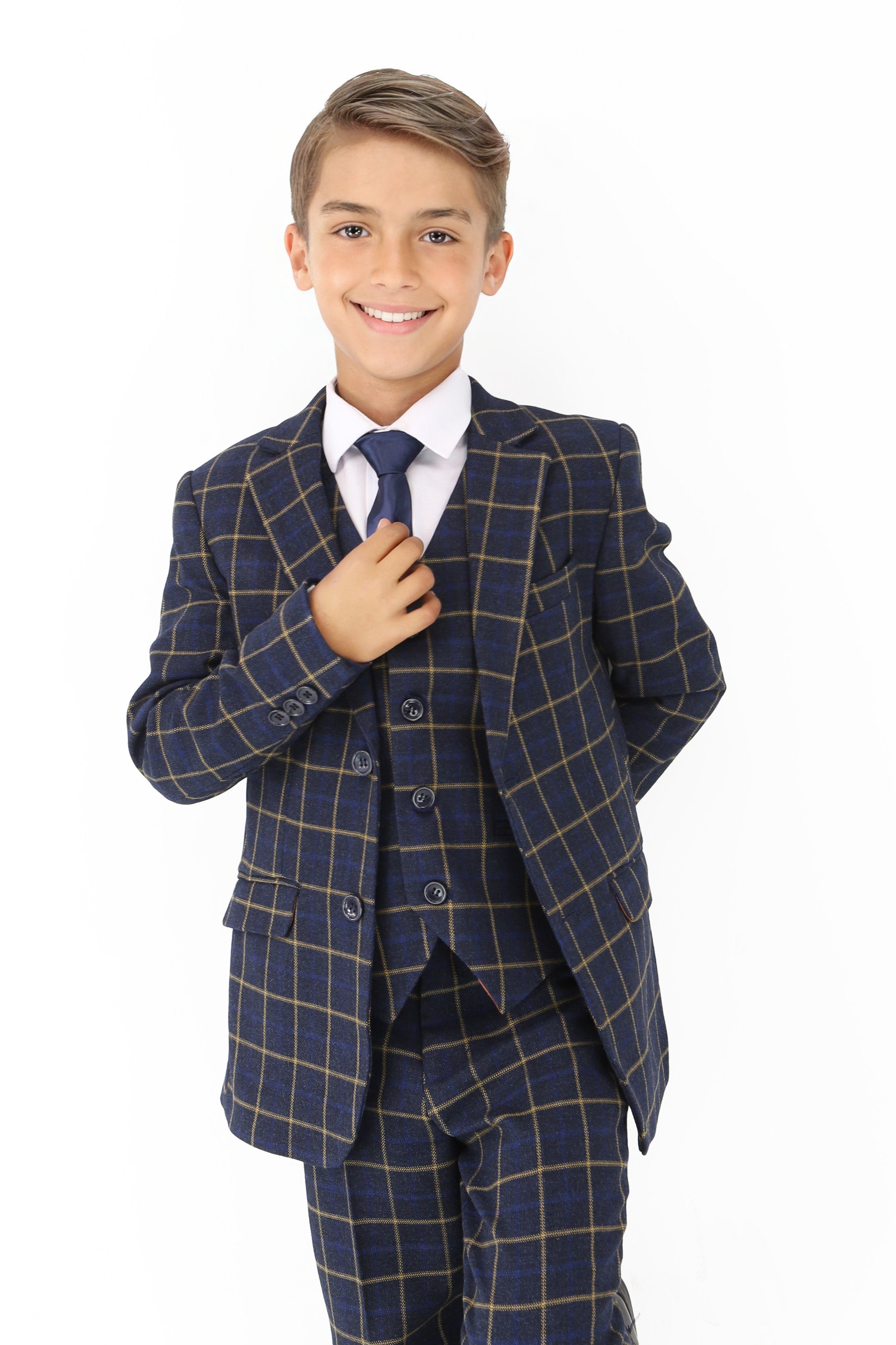 Jungen Navyblauer Retro Karo Anzug - Navyblau