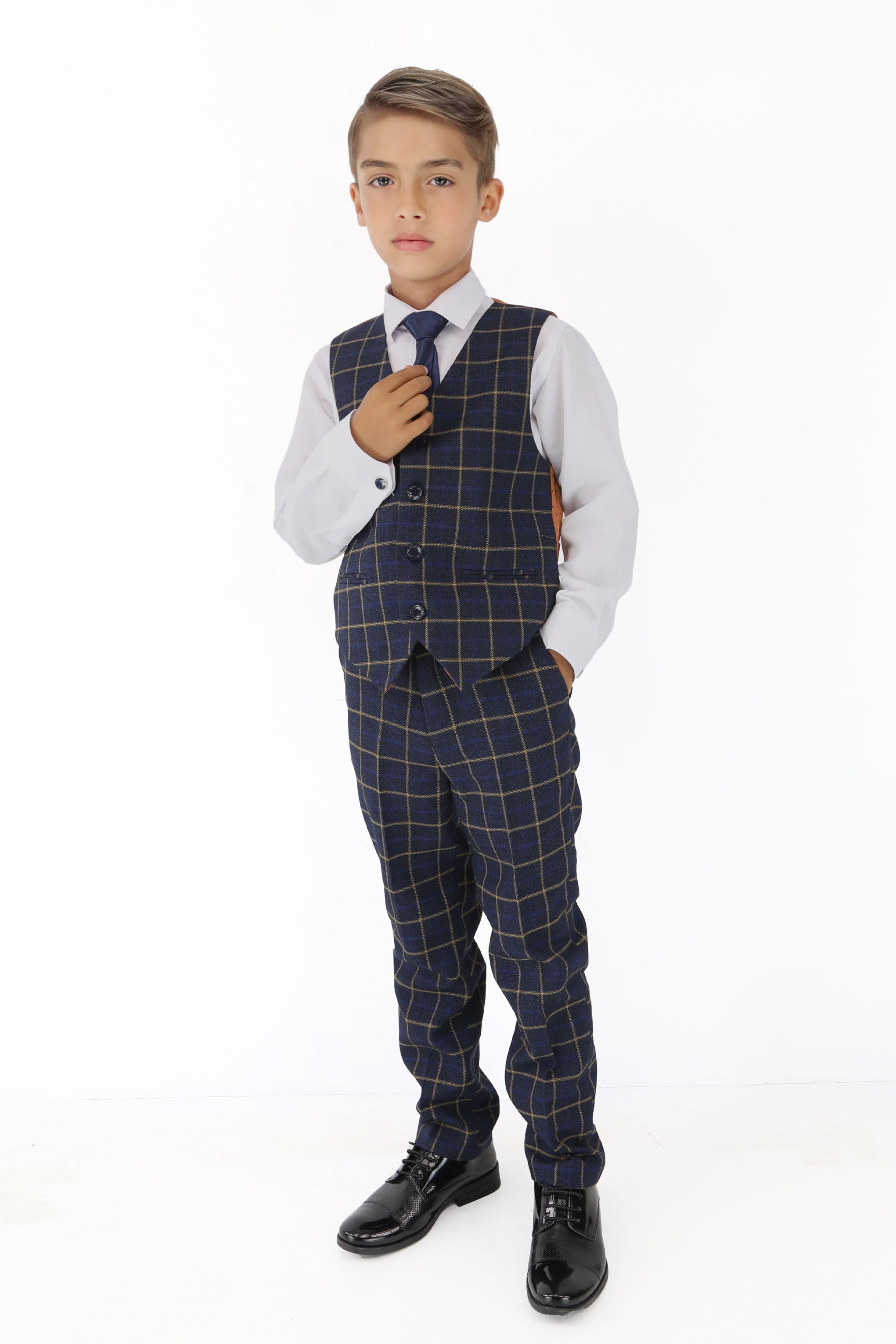 Jungen Navyblauer Retro Karo Anzug - Navyblau