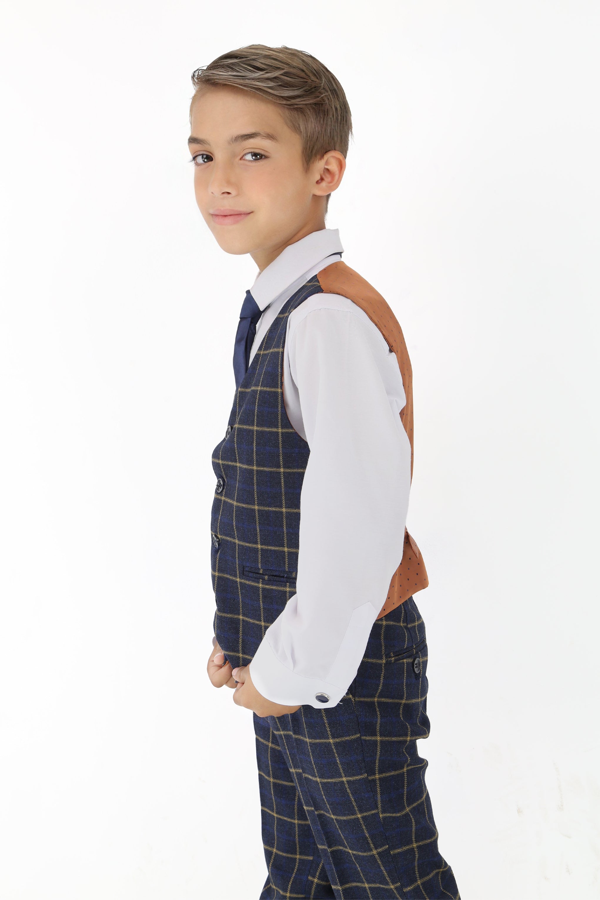 Jungen Navyblauer Retro Karo Anzug - Navyblau
