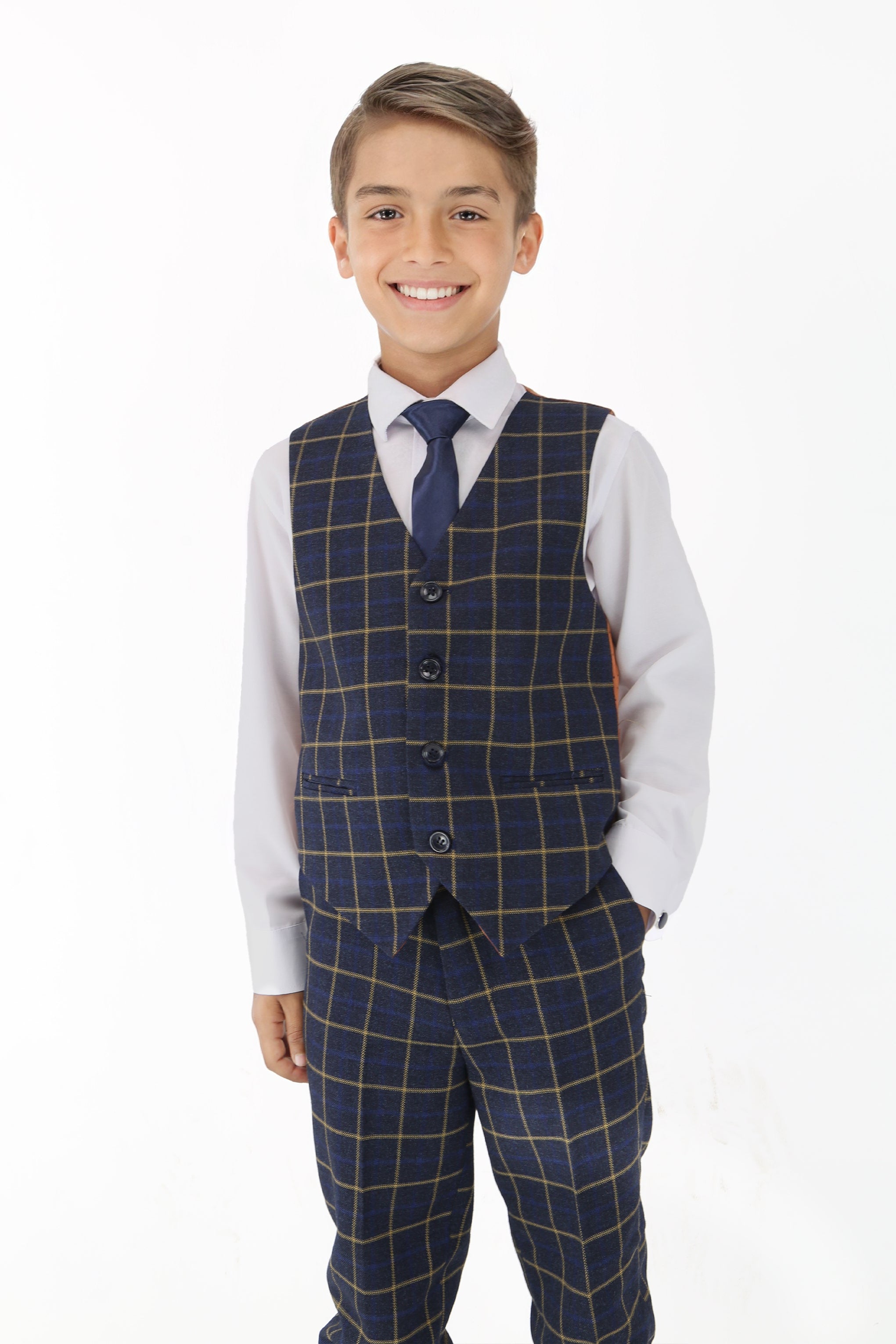 Jungen Navyblauer Retro Karo Anzug - Navyblau