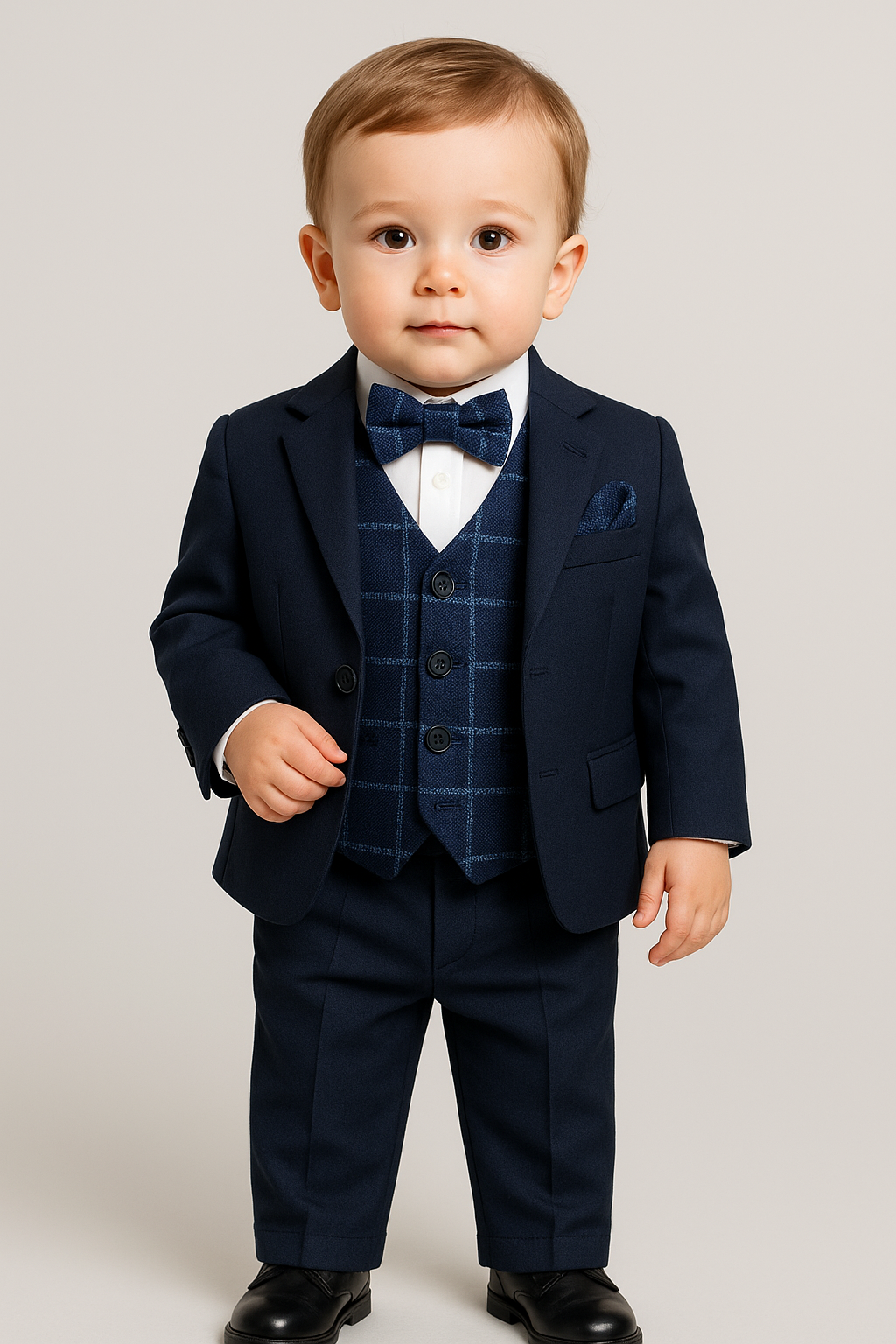 Ensemble Costume avec Gilet en Tweed à Carreaux Bleu Marine pour Garçons - Bleu Marine