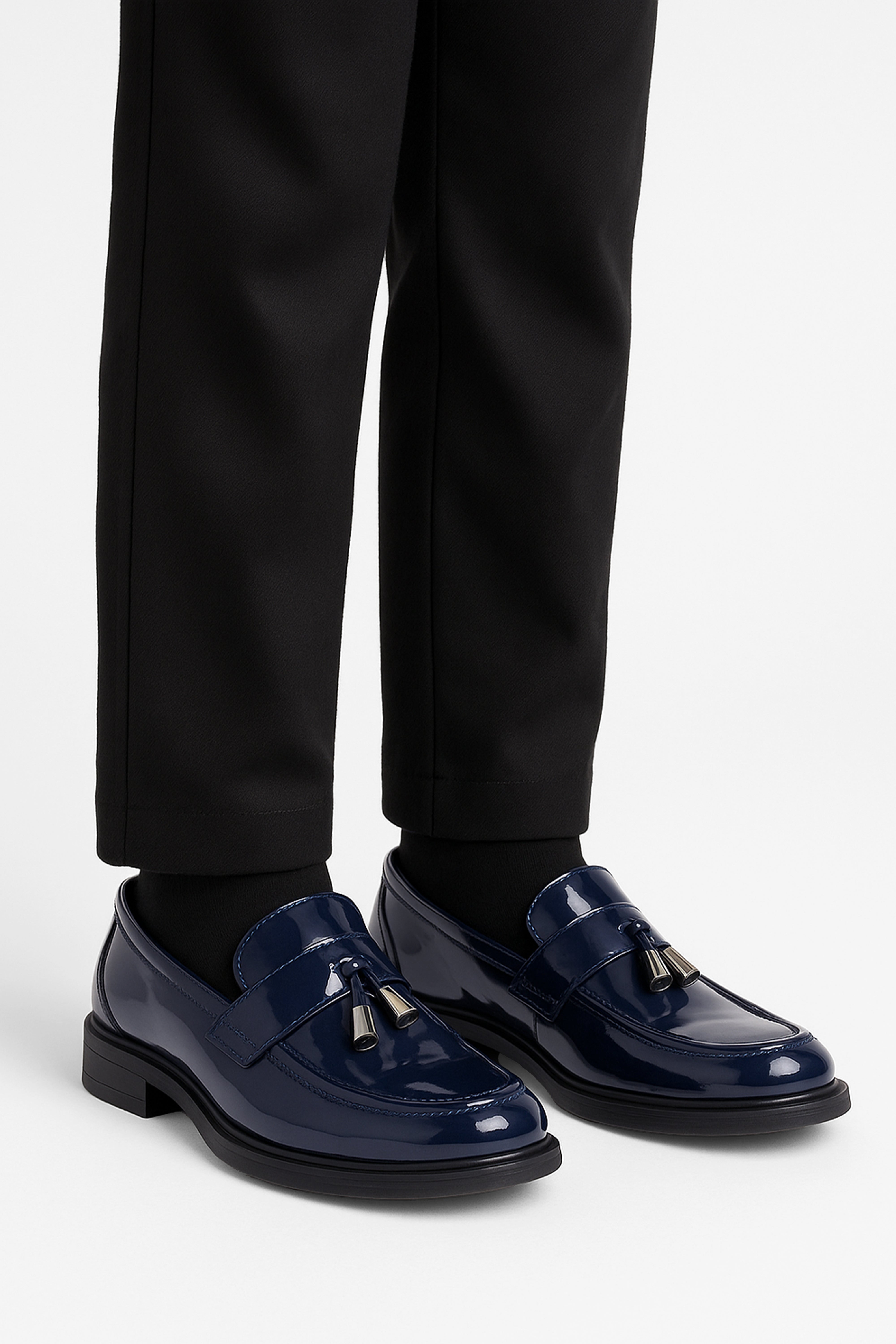 Boys’ Patent Slip On Tassel Loafer Shoes - Montana - Navy Blue Model Picture