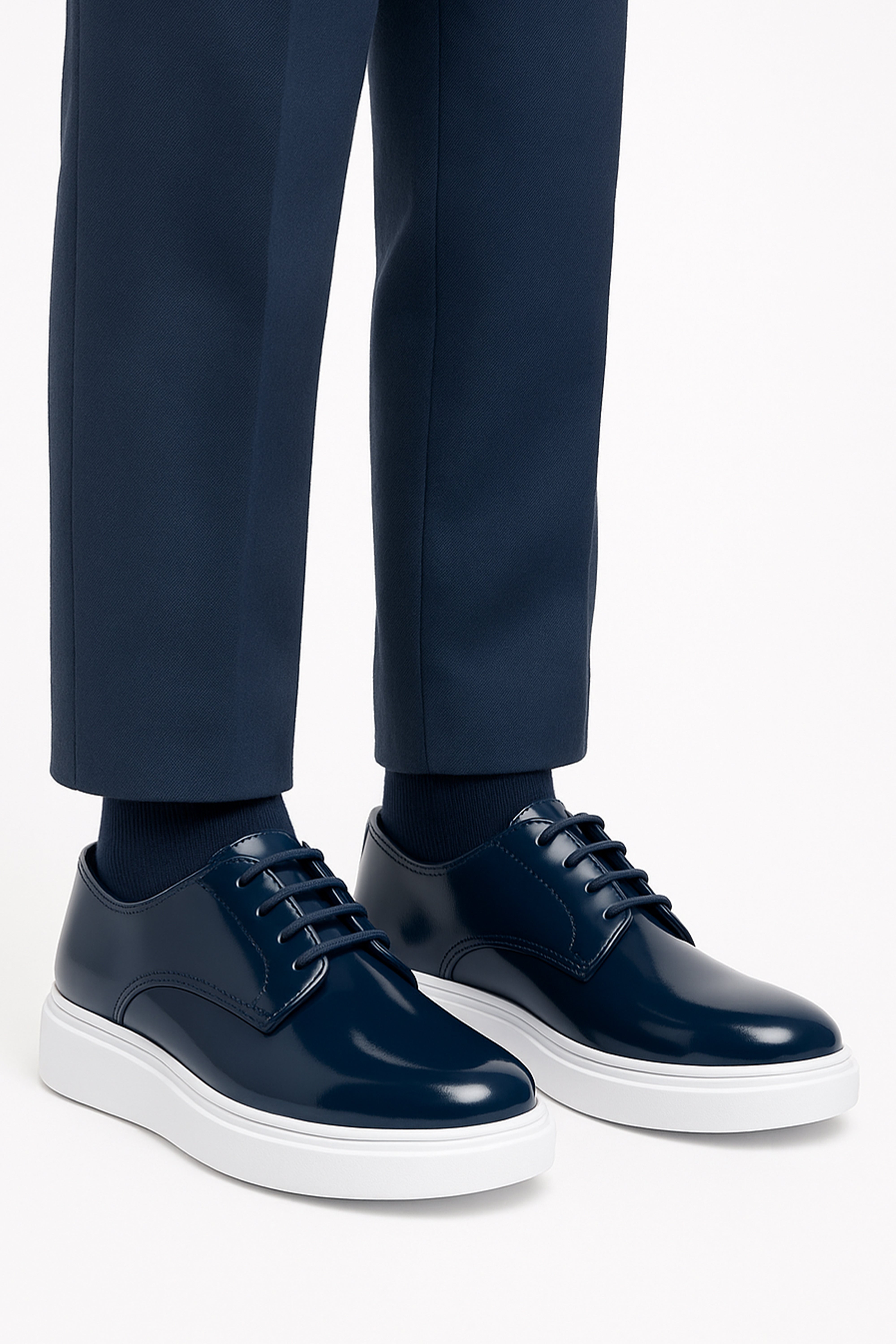 Boys Patent Black Lace-up Sneaker with White Thick Sole - Navy