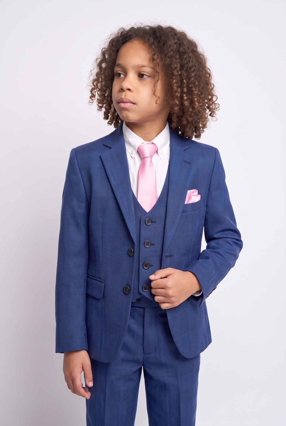 Boys Plaid Check Tailored Fit Blue Suit - LIONEL - Mid Blue