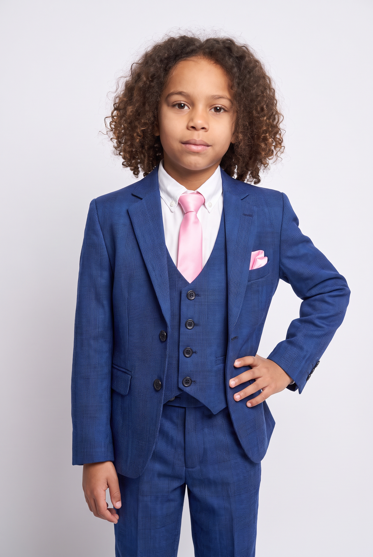 Boys Plaid Check Tailored Fit Blue Suit - LIONEL - Mid Blue