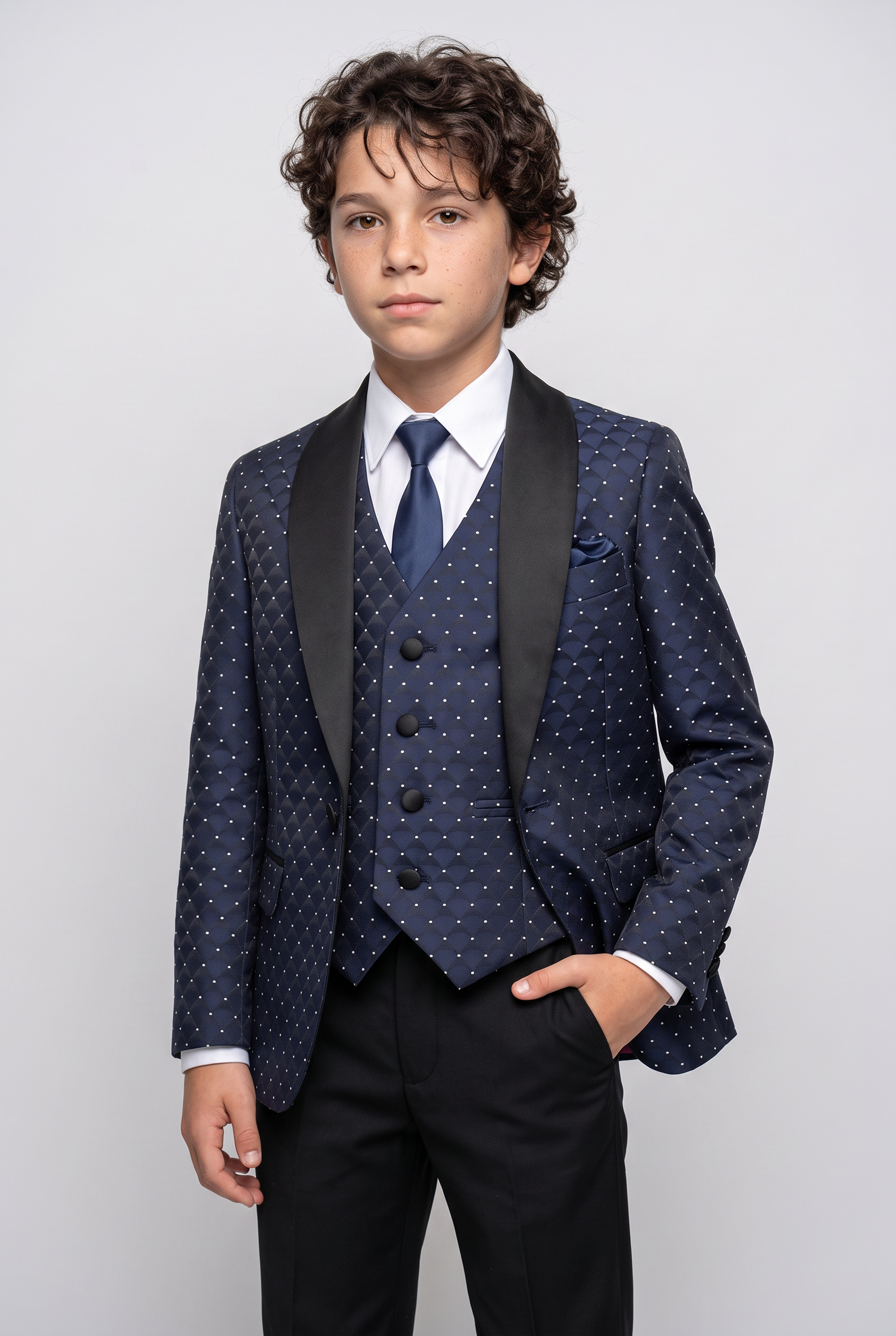 Abito da smoking blu navy trapuntato a pois per ragazzi