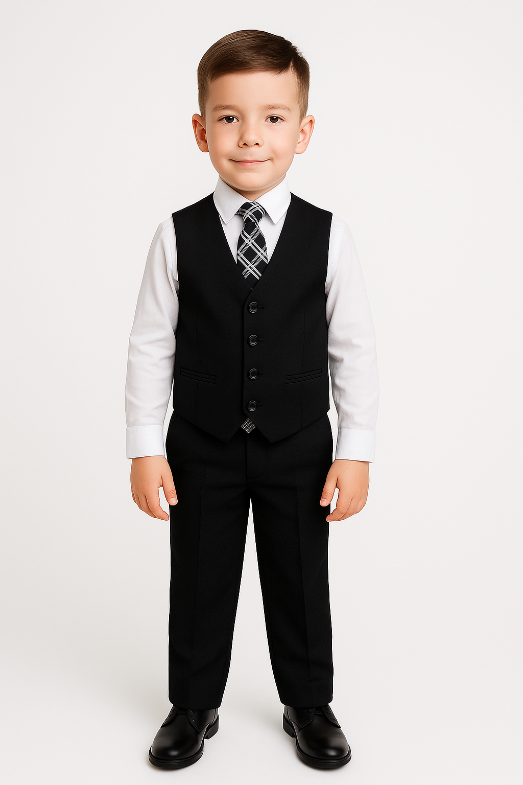 Boys Regular Fit All In One Suit - Black Model Picture with waistcoat and trousers