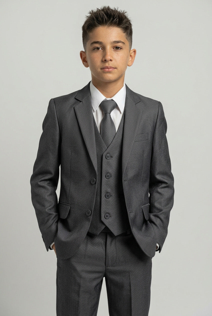 Traje brillante formal de 5 piezas para niños, corte regular, para ocasiones, en plata - plata
