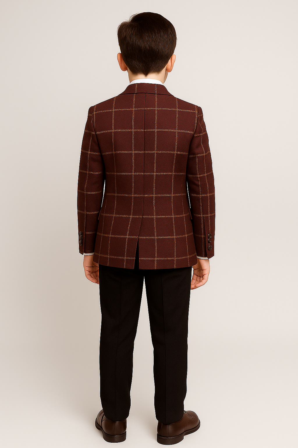 Boys Retro Windowpane Tailored Fit Check Suit - Maroon Back Picture