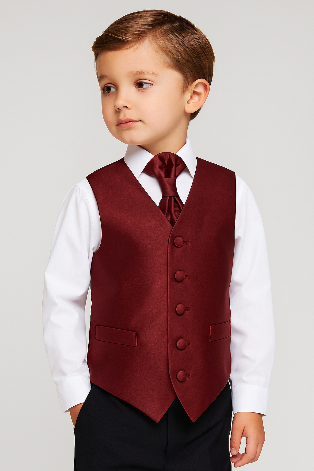 Boys Satin Waistcoat & Cravat Set - Burgundy Model Picture