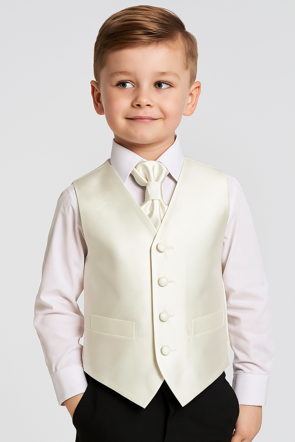 Boys Satin Waistcoat & Cravat Set - Ivory Model Picture