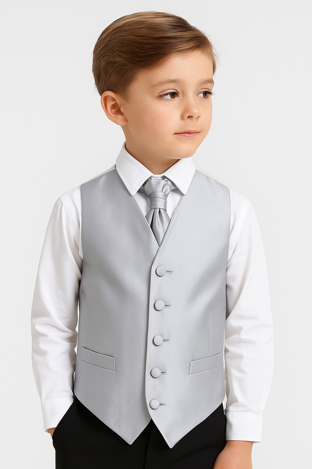 Boys Satin Waistcoat & Cravat Set - Silver Model Picture
