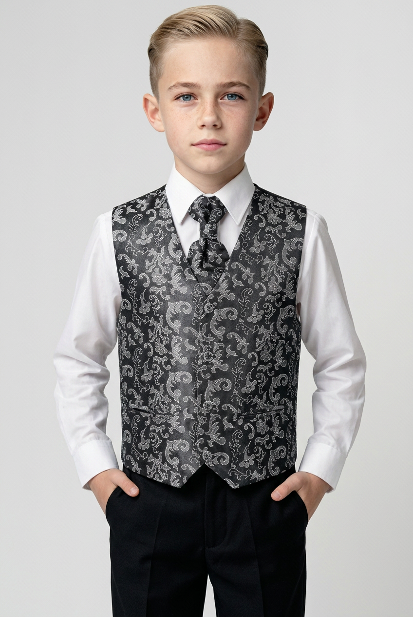 Traje de chaleco de 4 piezas para niños con diseño paisley plateado brillante - Plateado