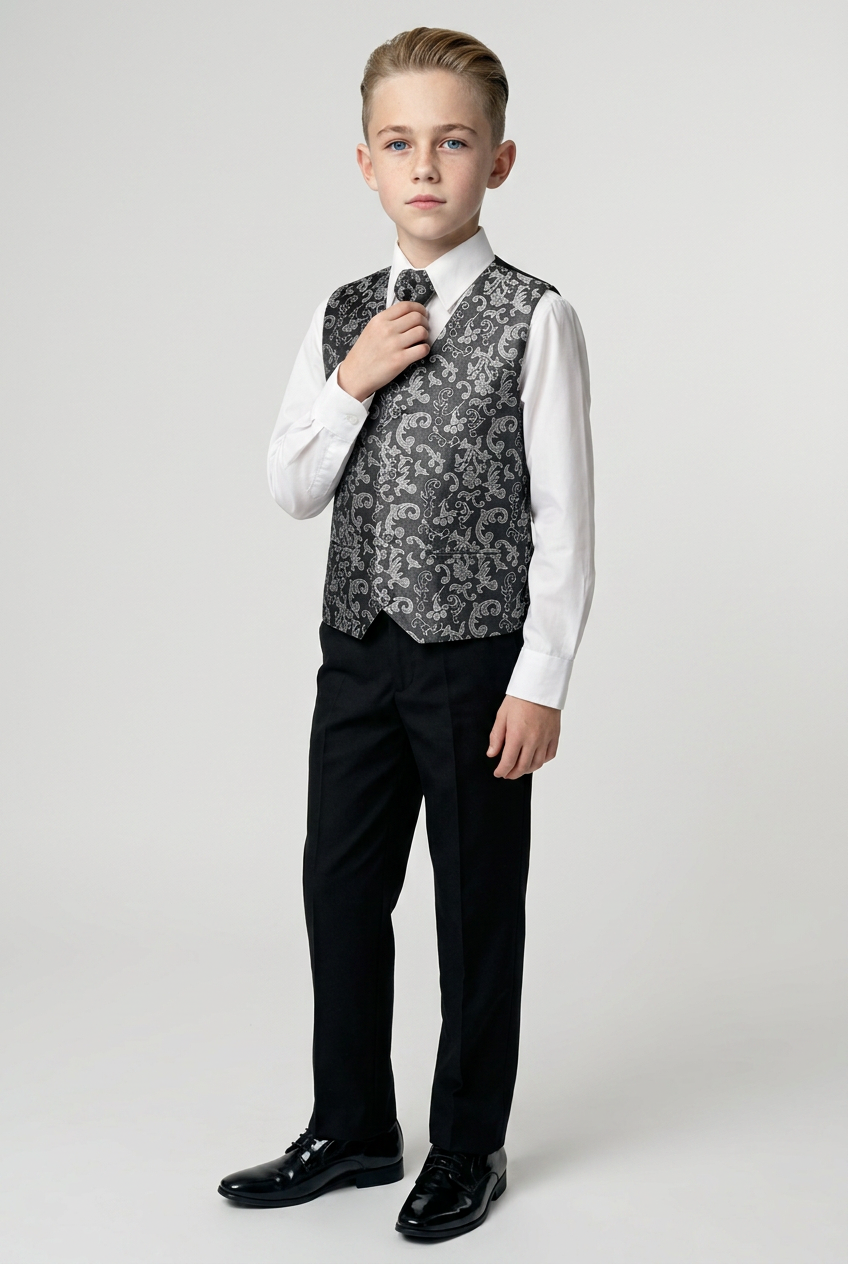 Traje de chaleco de 4 piezas para niños con diseño paisley plateado brillante - Plateado