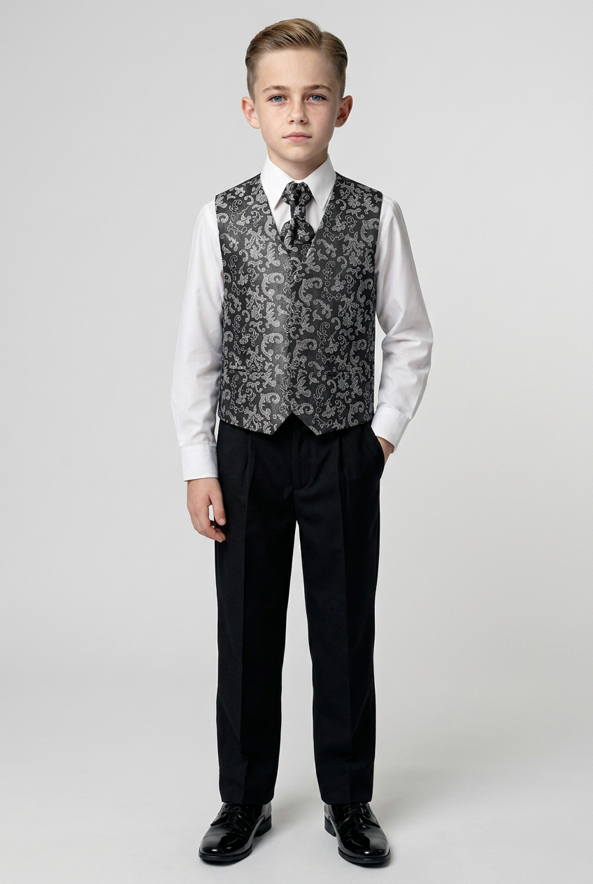 Traje de chaleco de 4 piezas para niños con diseño paisley plateado brillante - Plateado
